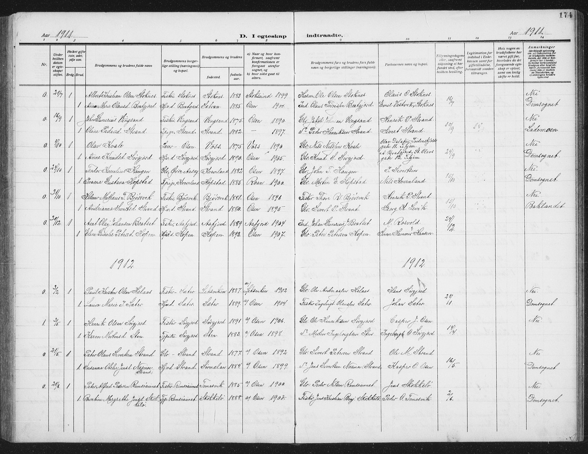 Ministerialprotokoller, klokkerbøker og fødselsregistre - Sør-Trøndelag, SAT/A-1456/658/L0727: Parish register (copy) no. 658C03, 1909-1935, p. 174