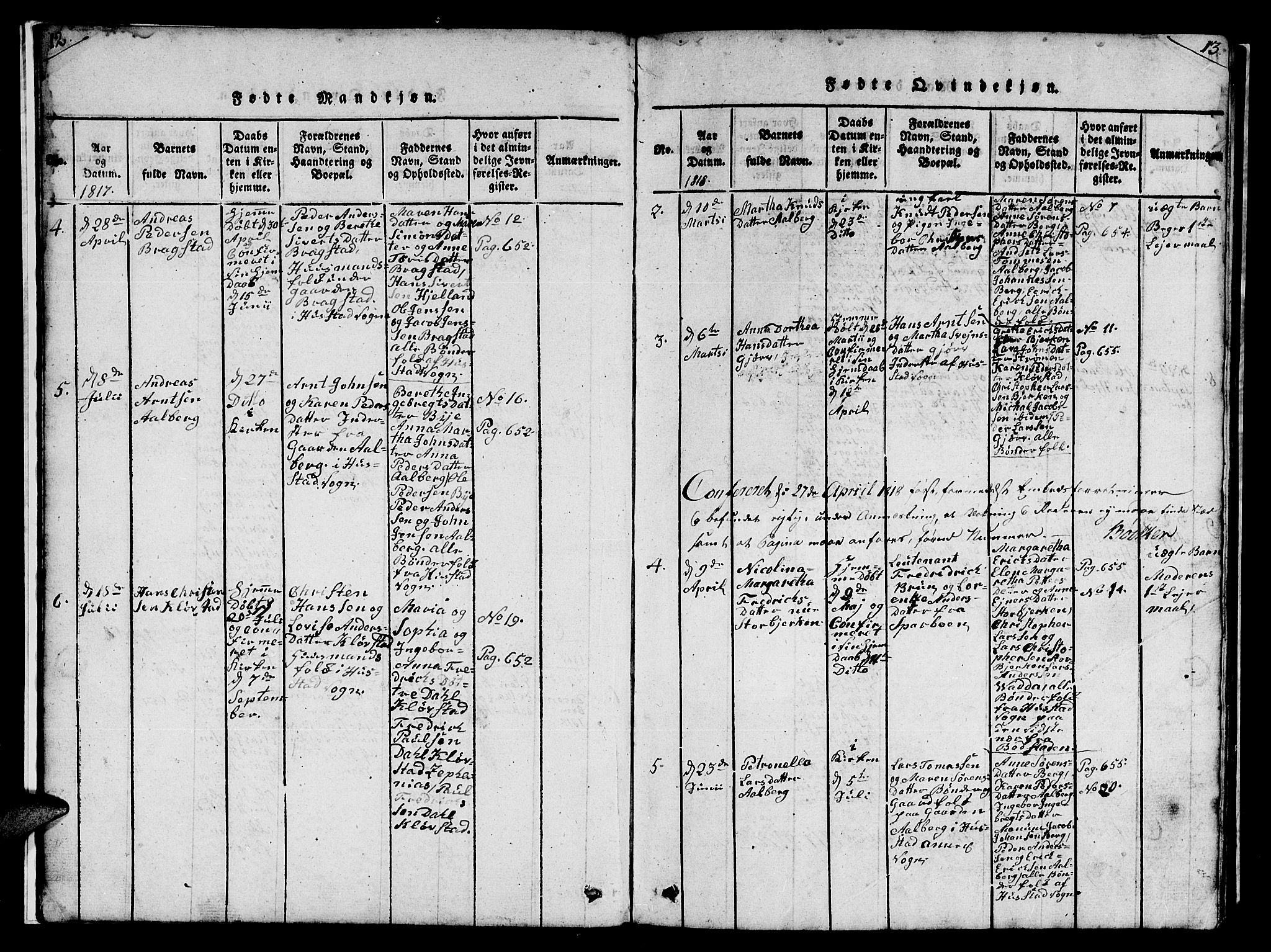 Ministerialprotokoller, klokkerbøker og fødselsregistre - Nord-Trøndelag, AV/SAT-A-1458/732/L0317: Parish register (copy) no. 732C01, 1816-1881, p. 12-13