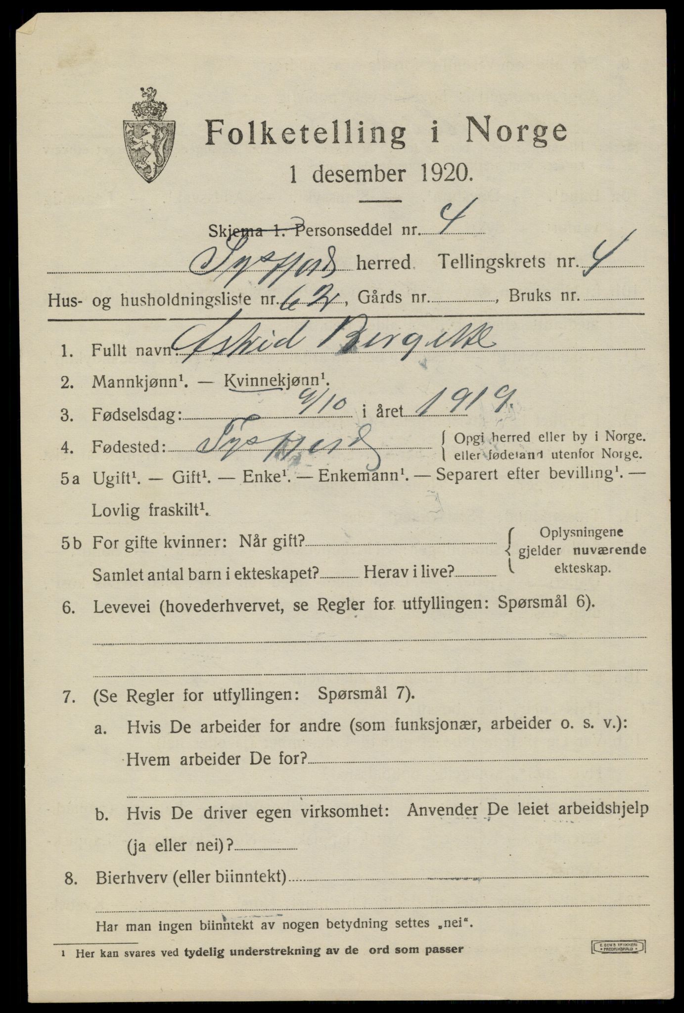 SAT, 1920 census for Tysfjord, 1920, p. 4039