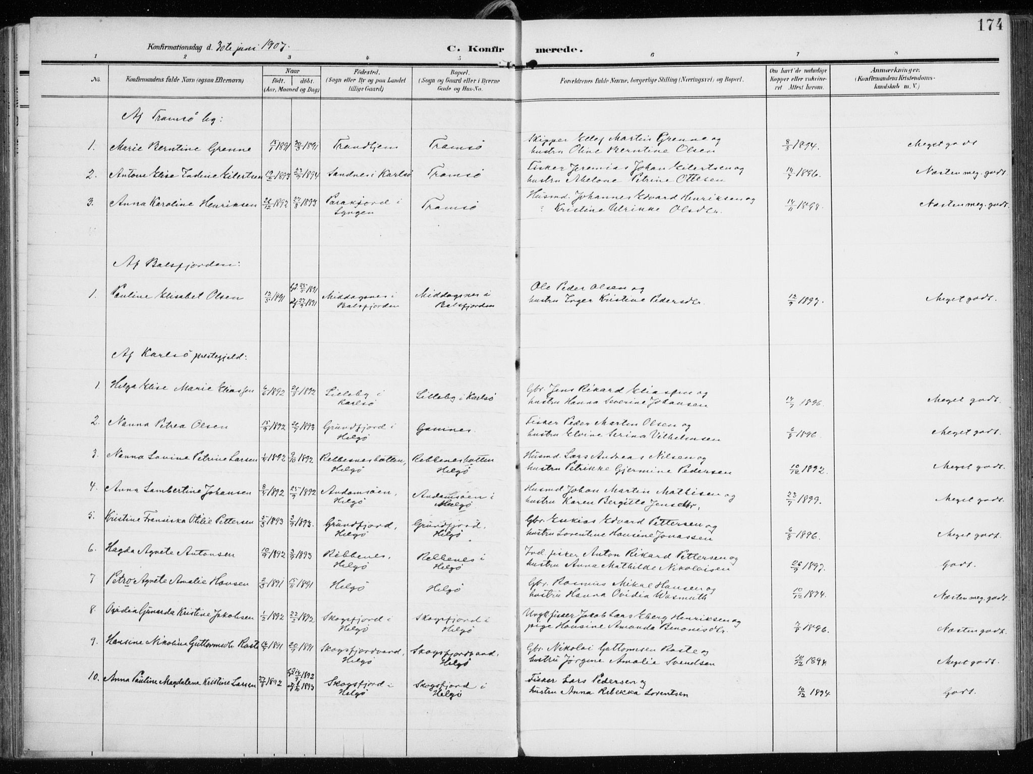 Tromsøysund sokneprestkontor, AV/SATØ-S-1304/G/Ga/L0007kirke: Parish register (official) no. 7, 1907-1914, p. 174