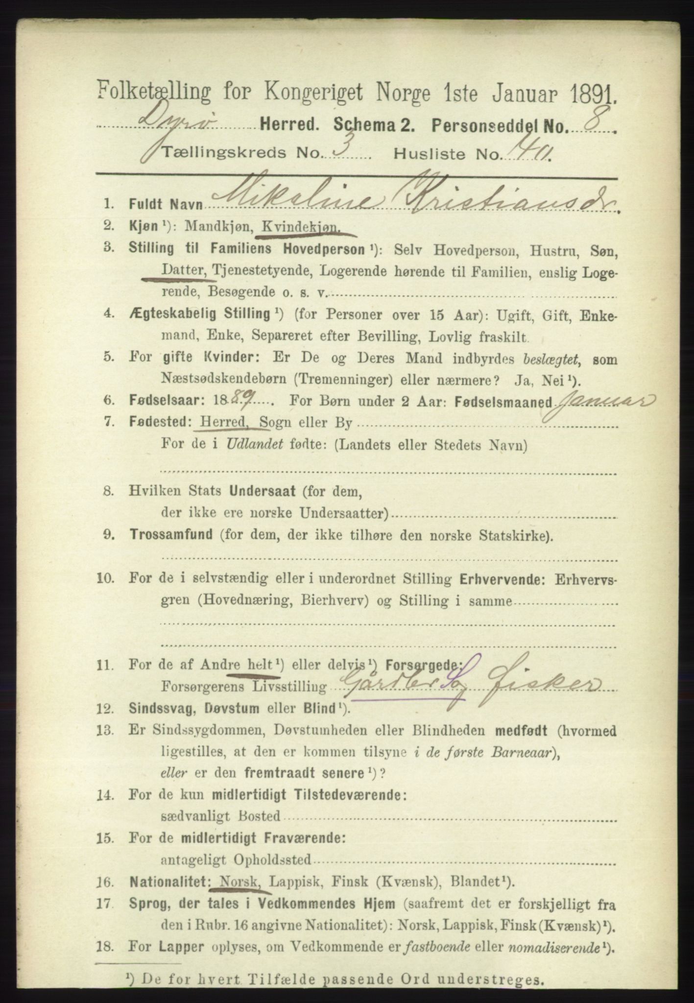 RA, 1891 census for 1926 Dyrøy, 1891, p. 1446