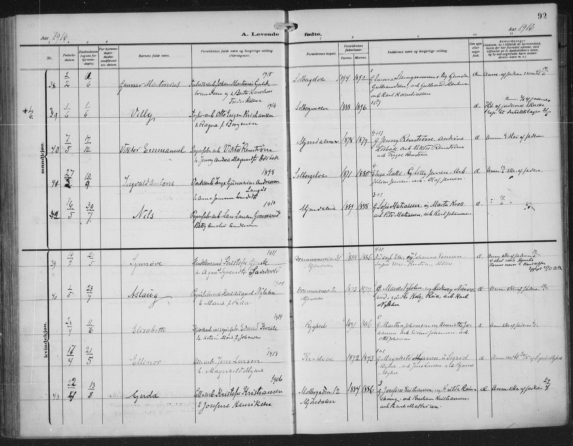 Nedre Eiker kirkebøker, AV/SAKO-A-612/F/Fa/L0007: Parish register (official) no. 7, 1912-1918, p. 92