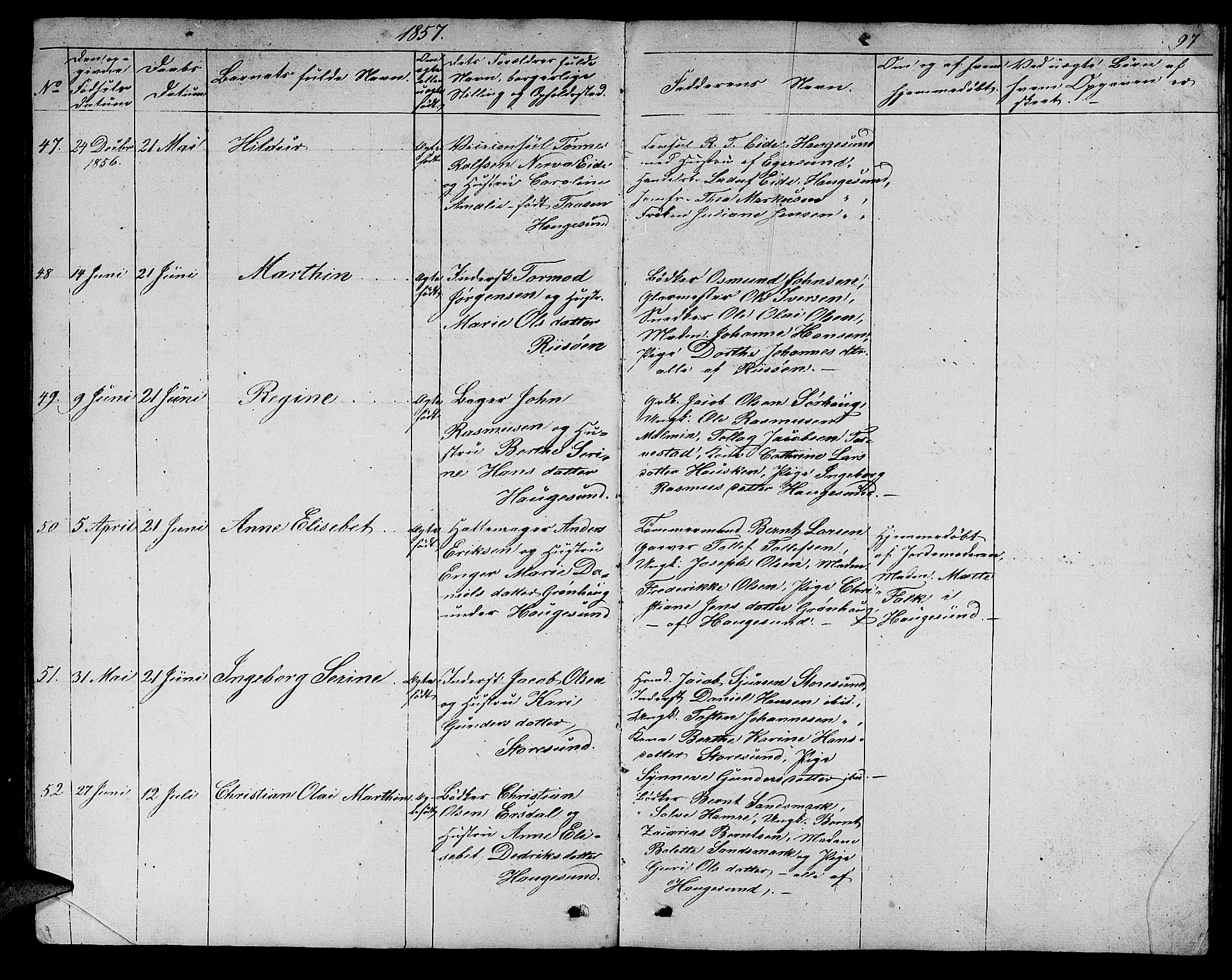 Torvastad sokneprestkontor, AV/SAST-A -101857/H/Ha/Hab/L0004: Parish register (copy) no. B 4, 1850-1864, p. 97