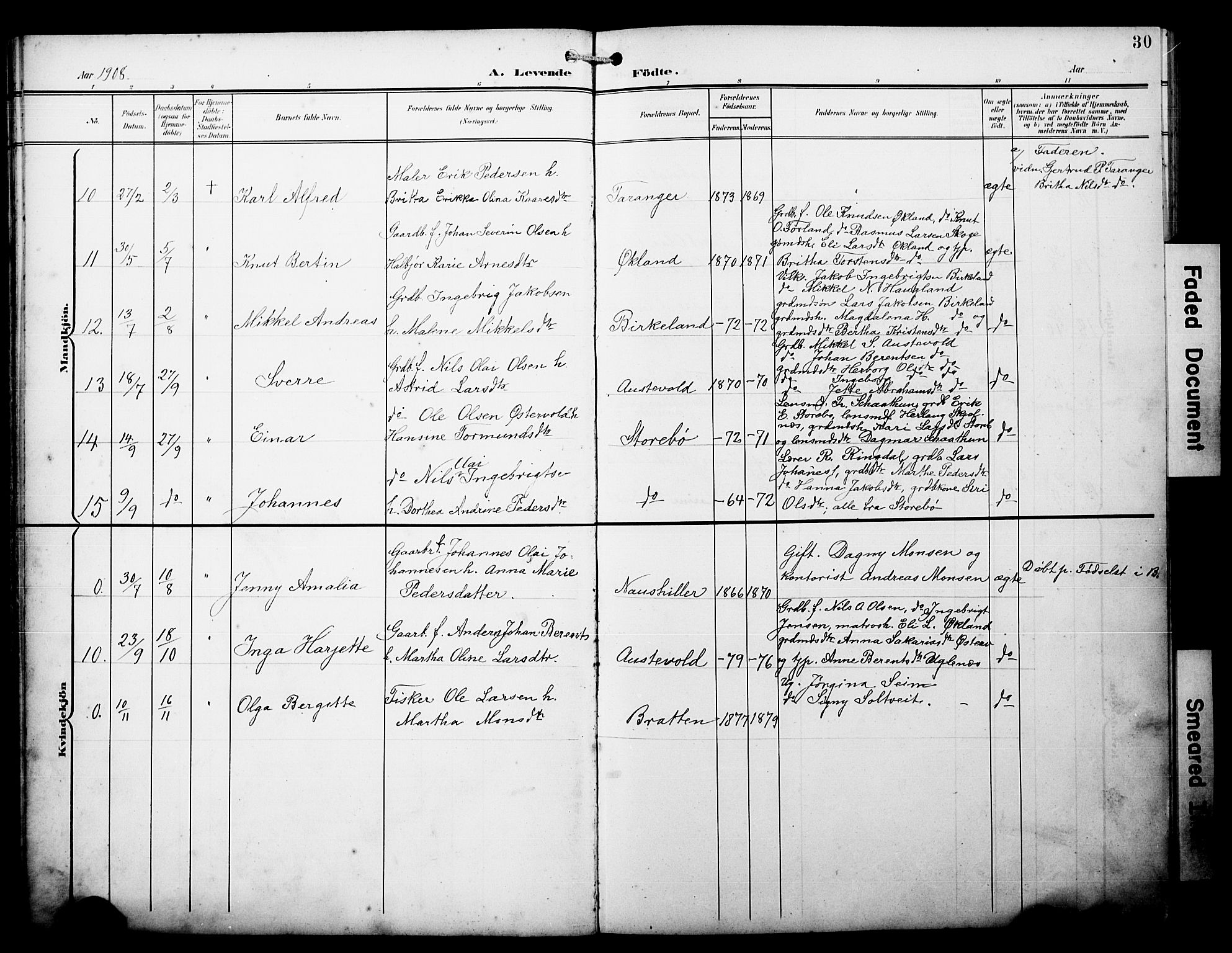 Austevoll sokneprestembete, AV/SAB-A-74201/H/Ha/Hab/Haba/L0004: Parish register (copy) no. A 4, 1901-1912, p. 30