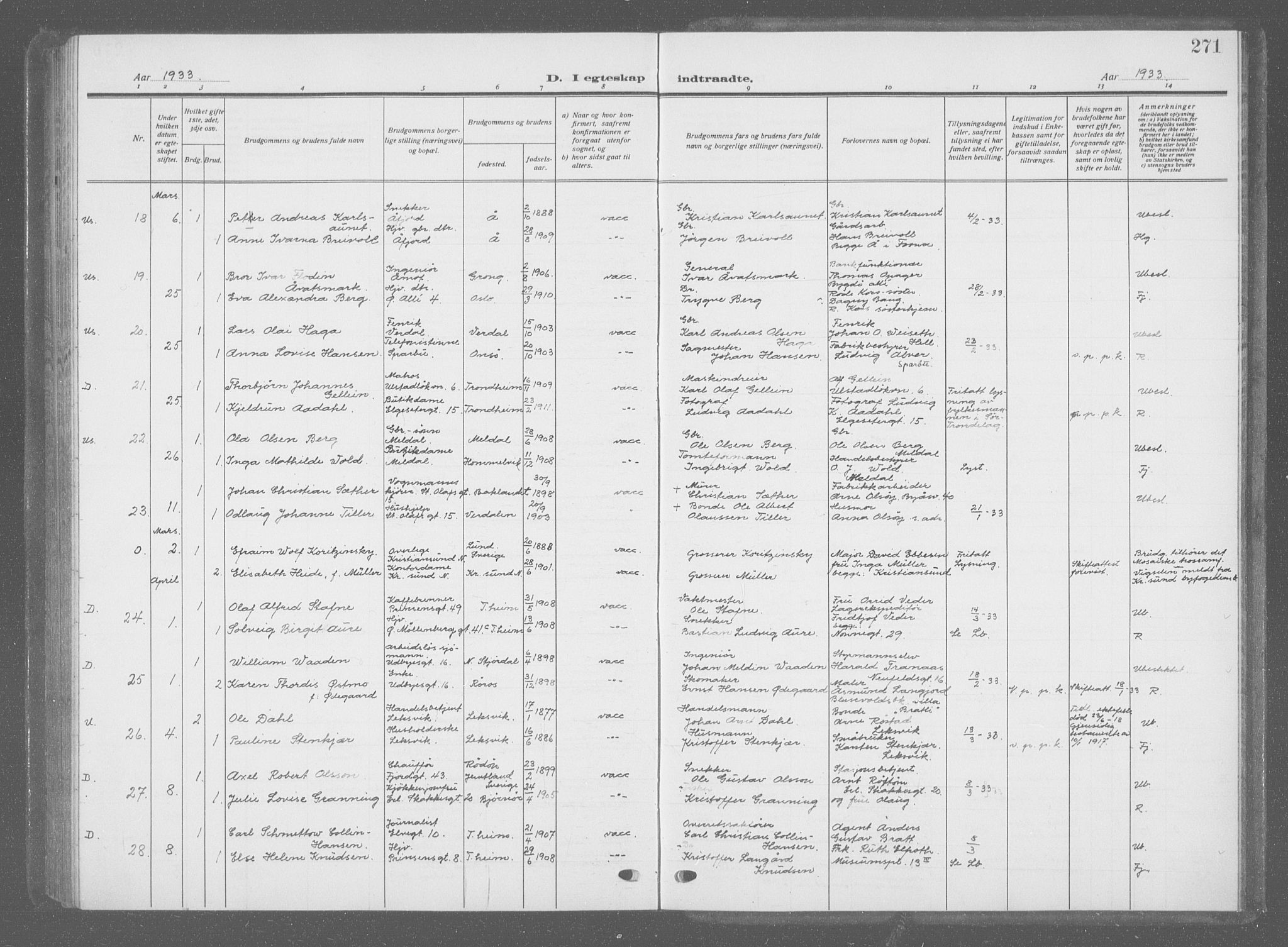 Ministerialprotokoller, klokkerbøker og fødselsregistre - Sør-Trøndelag, SAT/A-1456/601/L0098: Parish register (copy) no. 601C16, 1921-1934, p. 271