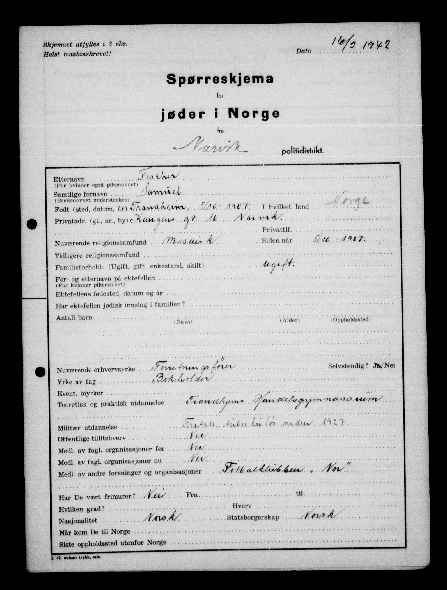 Statspolitiet - Hovedkontoret / Osloavdelingen, AV/RA-S-1329/G/Ga/L0012: Spørreskjema for jøder i Norge. 1: Aker 114- 207 (Levinson-Wozak) og 656 (Salomon). 2: Arendal-Hordaland. 3: Horten-Romerike.  , 1942, p. 826