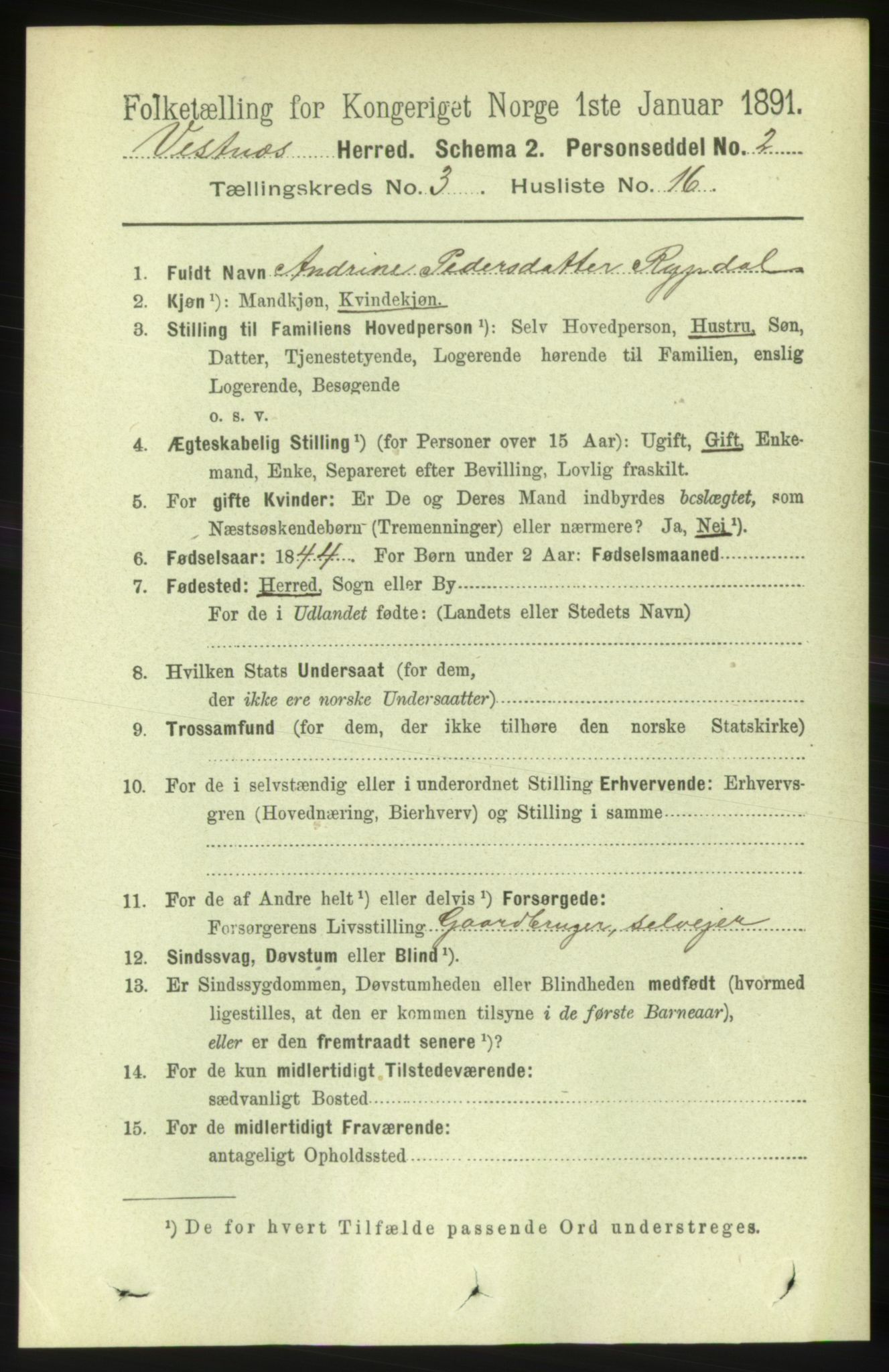 RA, 1891 census for 1535 Vestnes, 1891, p. 961