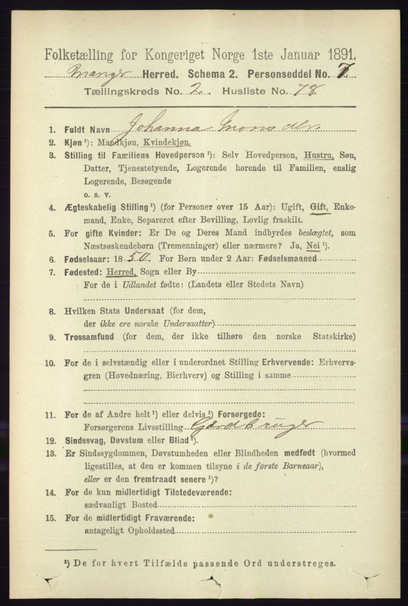 RA, 1891 census for 1261 Manger, 1891, p. 1336