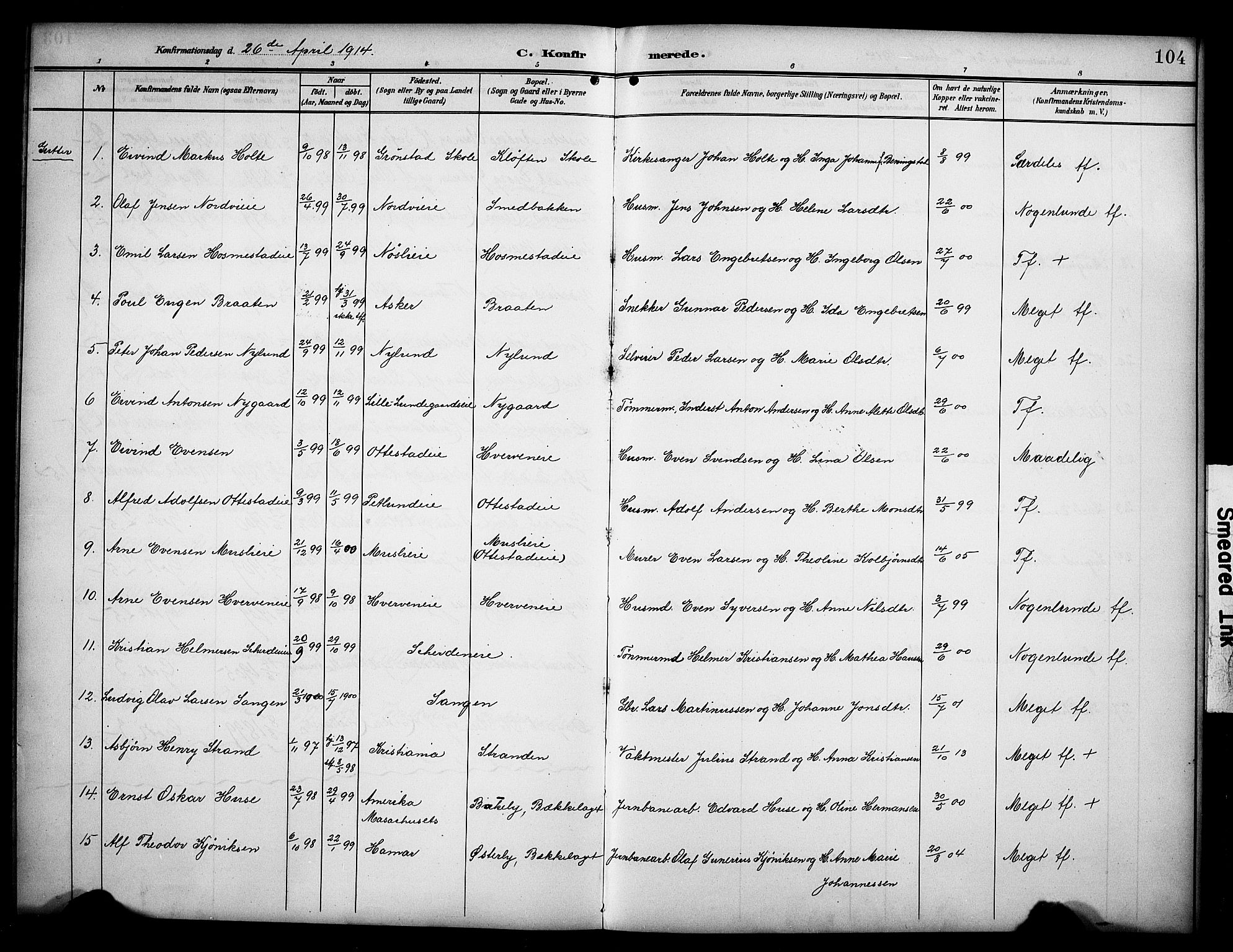 Stange prestekontor, SAH/PREST-002/K/L0022: Parish register (official) no. 22, 1903-1914, p. 104