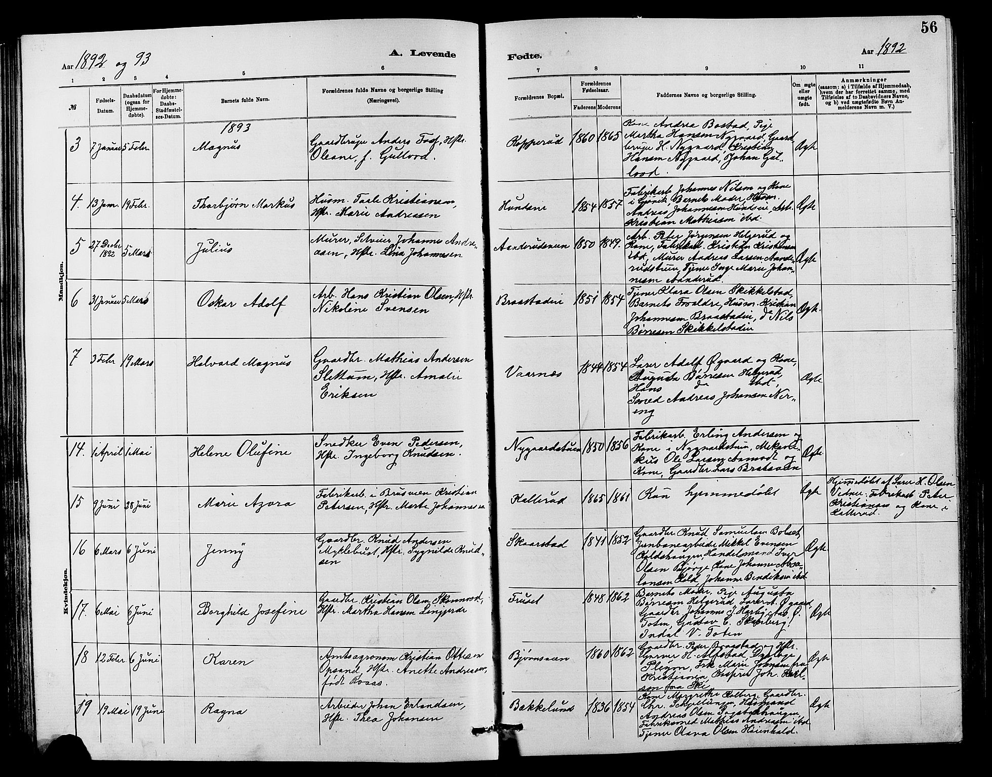 Vardal prestekontor, SAH/PREST-100/H/Ha/Hab/L0007: Parish register (copy) no. 7 /1, 1881-1895, p. 56