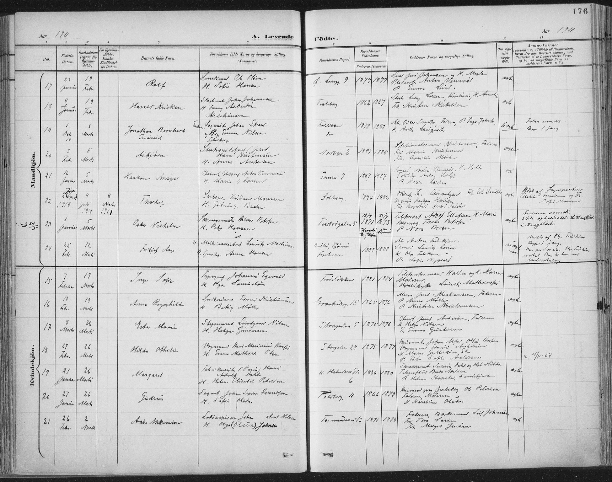 Tønsberg kirkebøker, AV/SAKO-A-330/F/Fa/L0014: Parish register (official) no. I 14, 1900-1913, p. 176