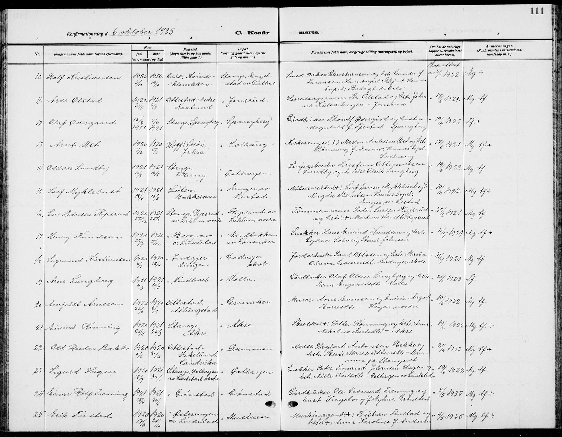 Stange prestekontor, AV/SAH-PREST-002/L/L0018: Parish register (copy) no. 18, 1929-1937, p. 111