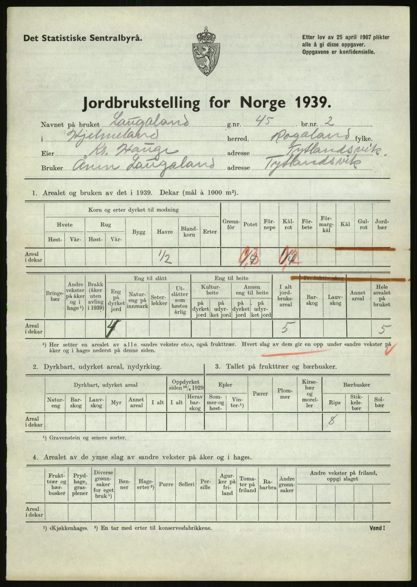 Statistisk sentralbyrå, Næringsøkonomiske emner, Jordbruk, skogbruk, jakt, fiske og fangst, AV/RA-S-2234/G/Gb/L0184: Rogaland: Årdal, Fister og Hjelmeland, 1939, p. 965