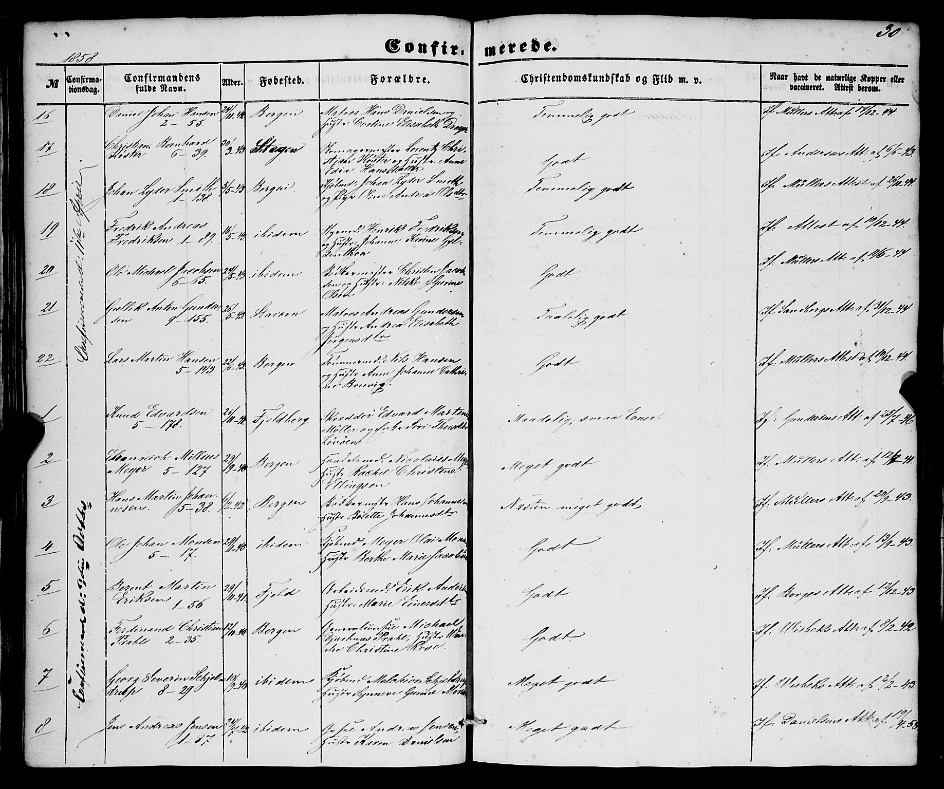 Nykirken Sokneprestembete, SAB/A-77101/H/Haa/L0023: Parish register (official) no. C 2, 1851-1863, p. 30