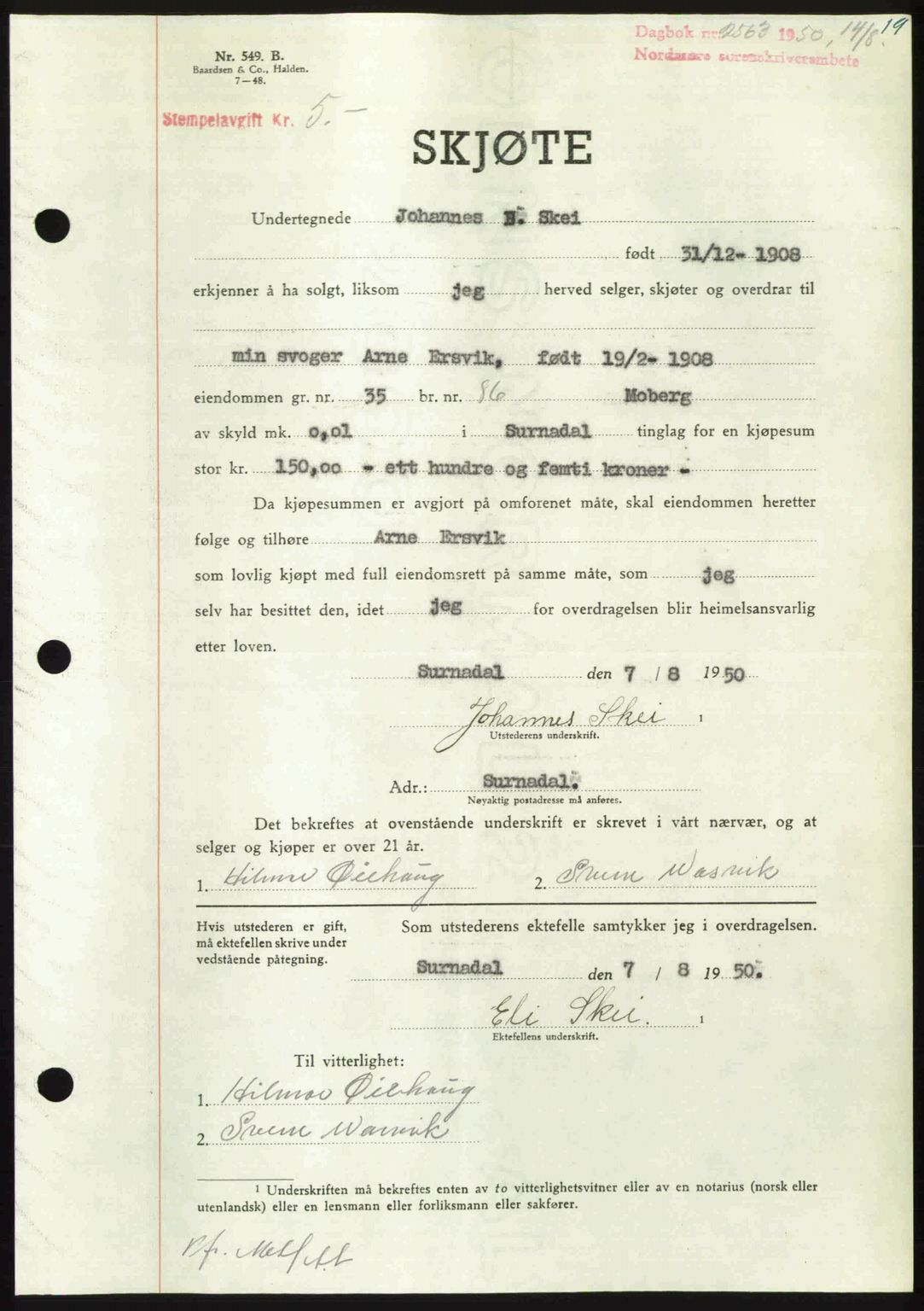 Nordmøre sorenskriveri, AV/SAT-A-4132/1/2/2Ca: Mortgage book no. A116, 1950-1950, Diary no: : 2563/1950