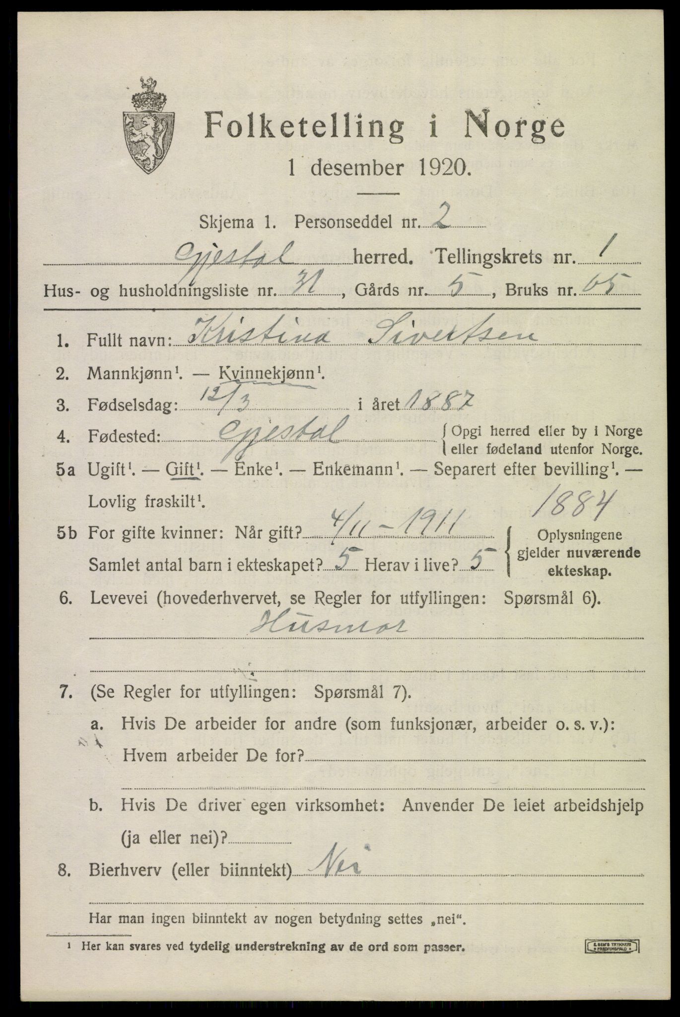 SAST, 1920 census for Gjesdal, 1920, p. 1036