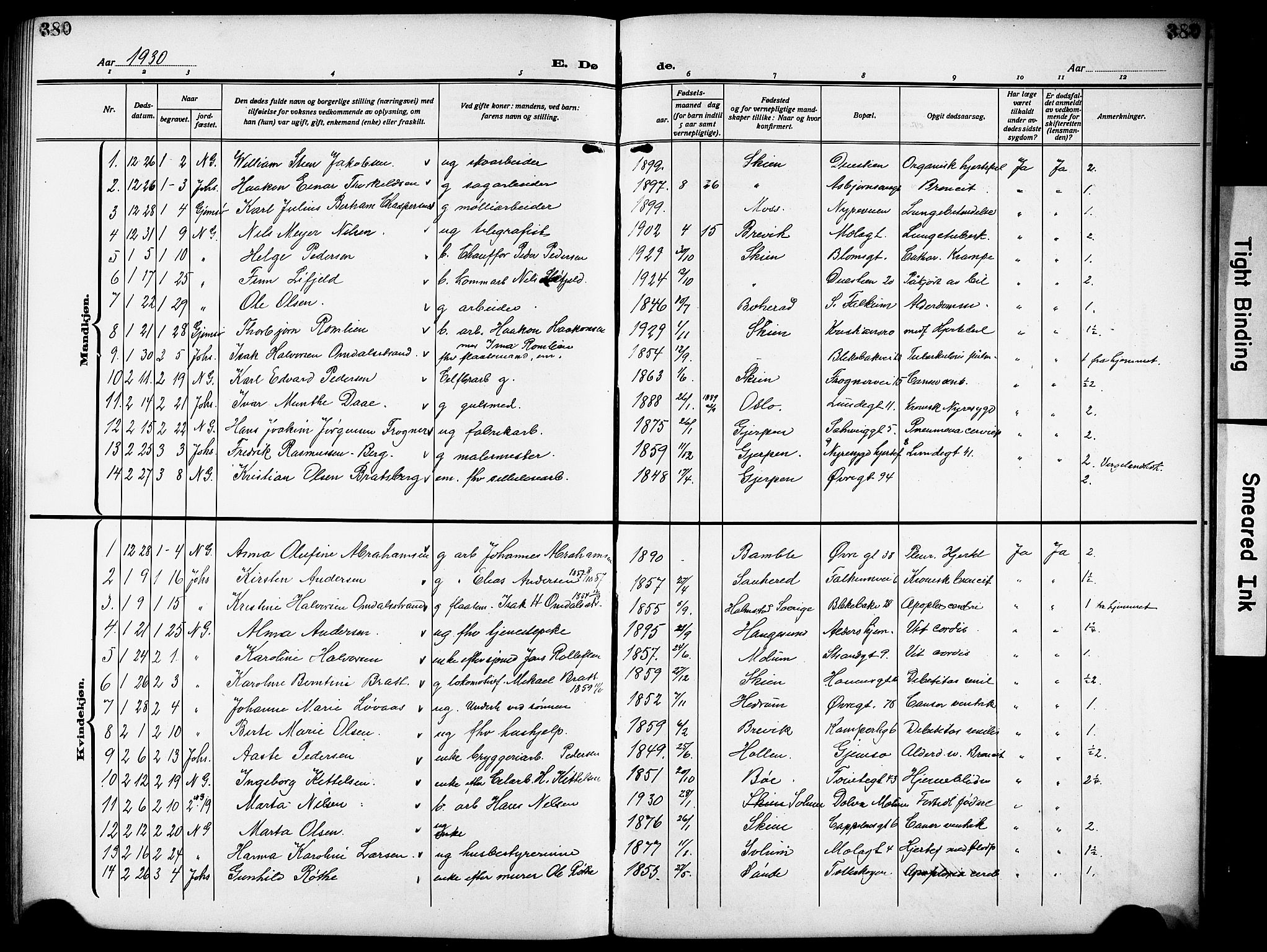 Skien kirkebøker, SAKO/A-302/G/Ga/L0010: Parish register (copy) no. 10, 1920-1931, p. 380