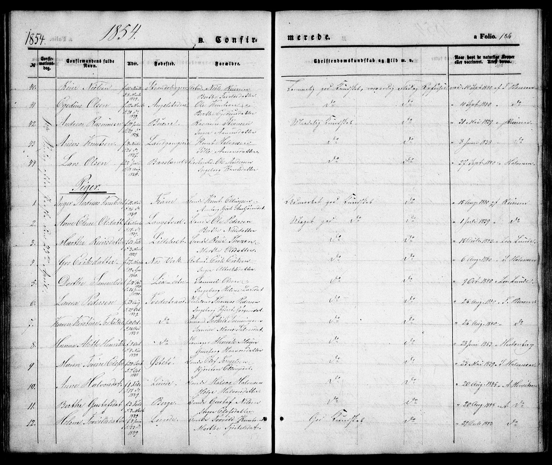 Holt sokneprestkontor, AV/SAK-1111-0021/F/Fa/L0008: Parish register (official) no. A 8, 1849-1860, p. 186