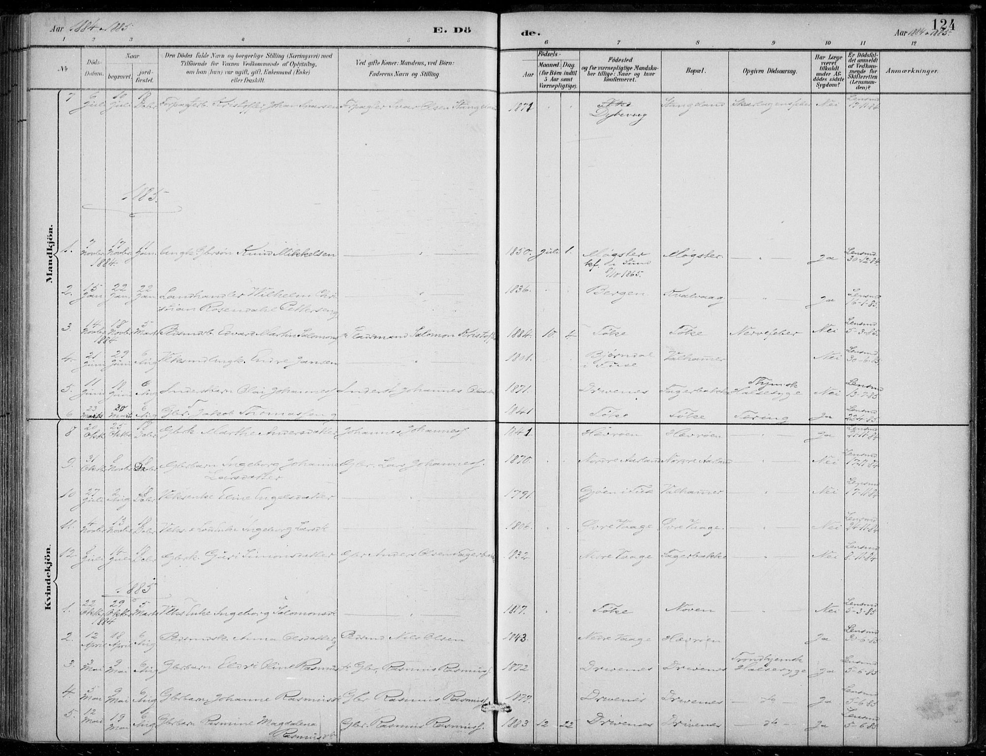 Sund sokneprestembete, AV/SAB-A-99930: Parish register (official) no. D 1, 1882-1899, p. 124