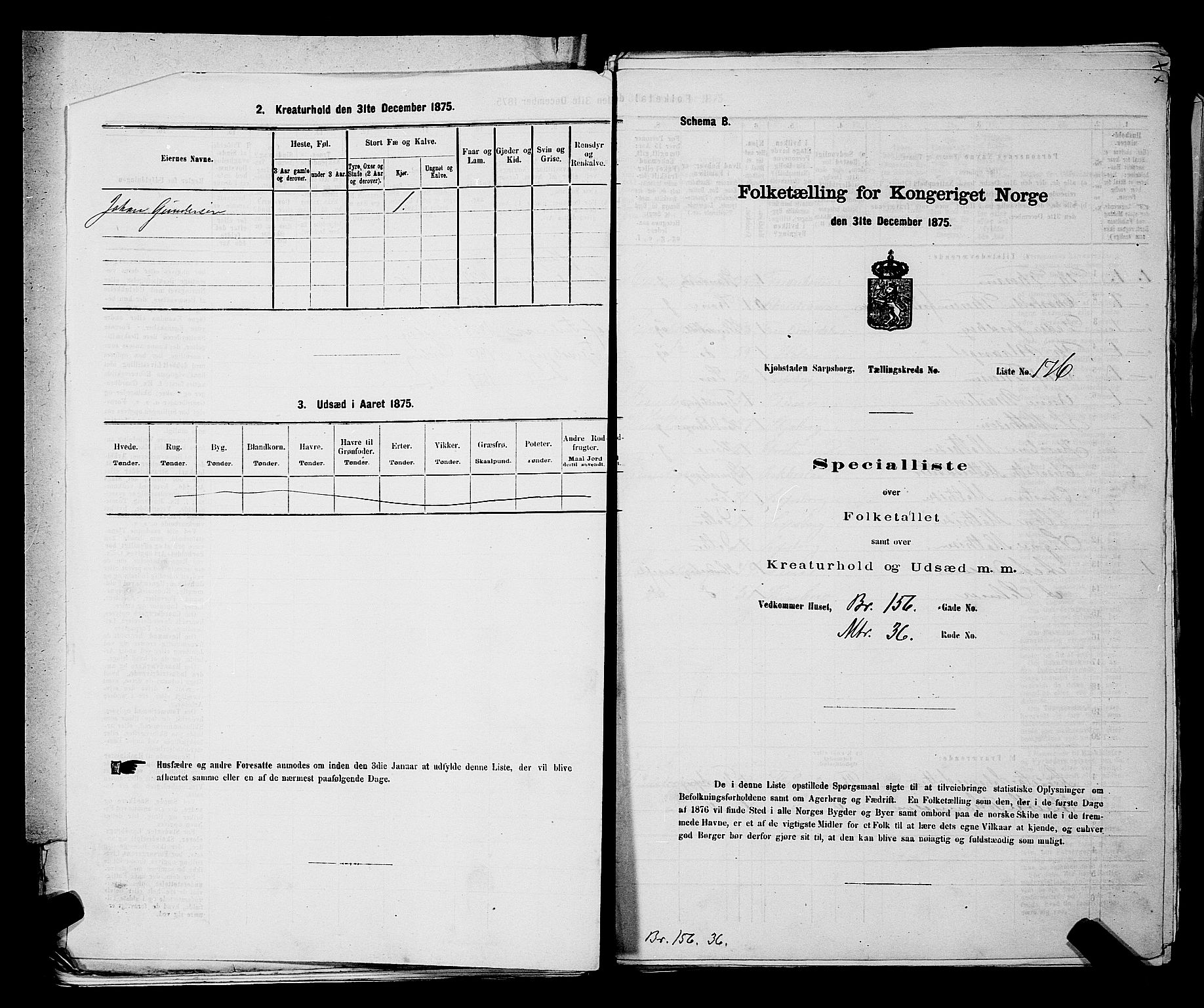 RA, 1875 census for 0102P Sarpsborg, 1875, p. 413