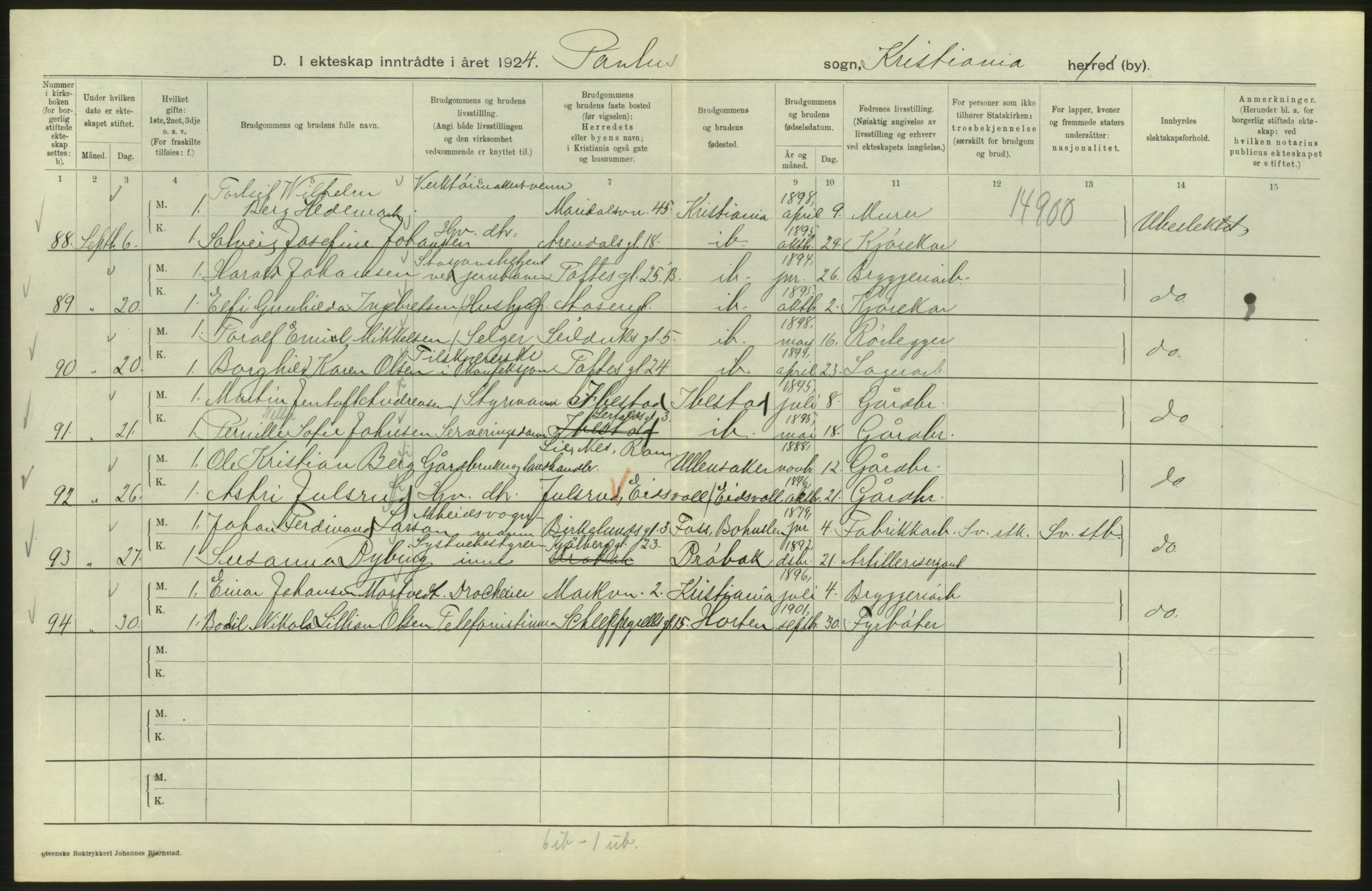 Statistisk sentralbyrå, Sosiodemografiske emner, Befolkning, AV/RA-S-2228/D/Df/Dfc/Dfcd/L0007: Kristiania: Gifte, 1924, p. 382