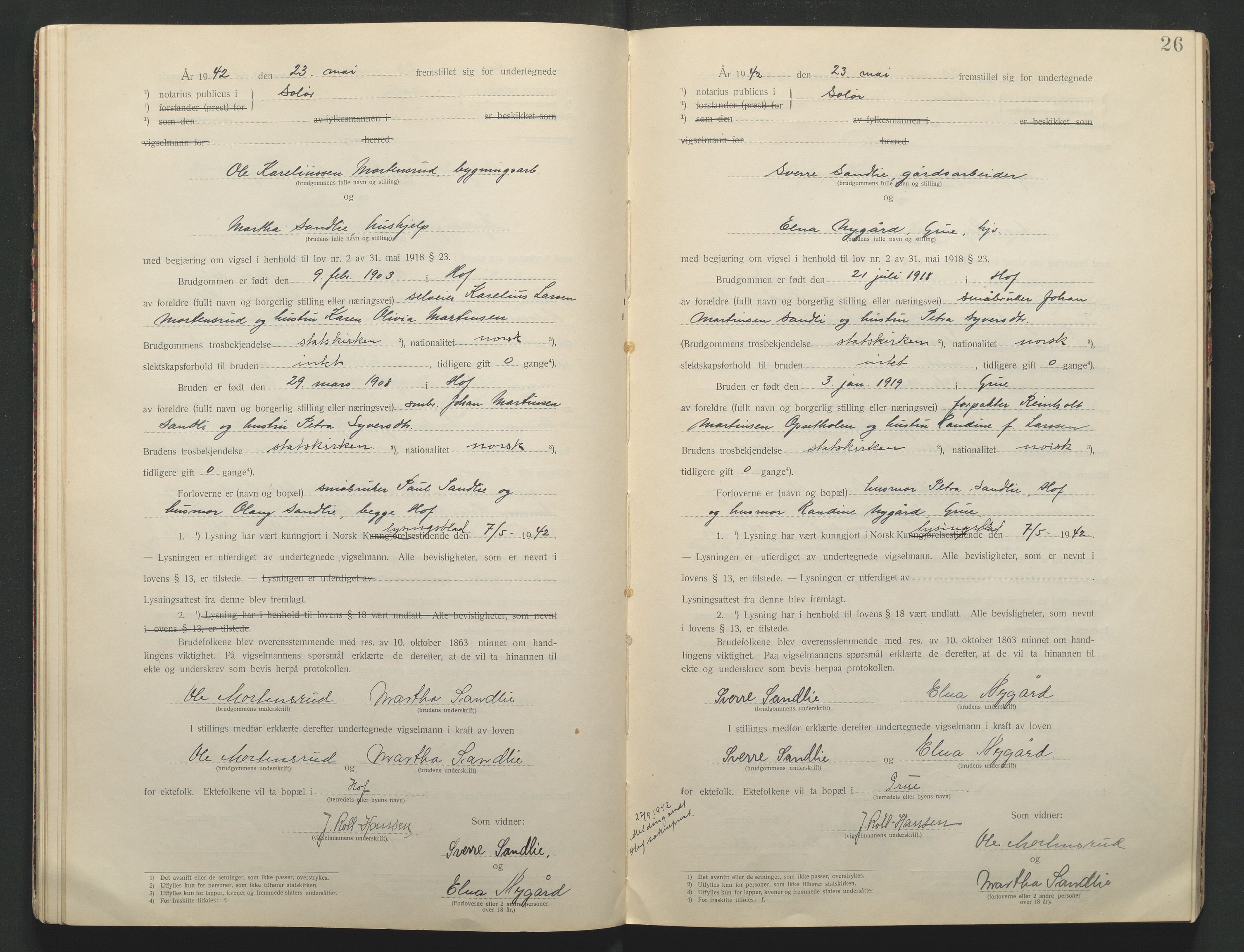 Solør tingrett, AV/SAH-TING-008/L/Lb/L0001: Vigselprotokoll, 1920-1943, p. 26