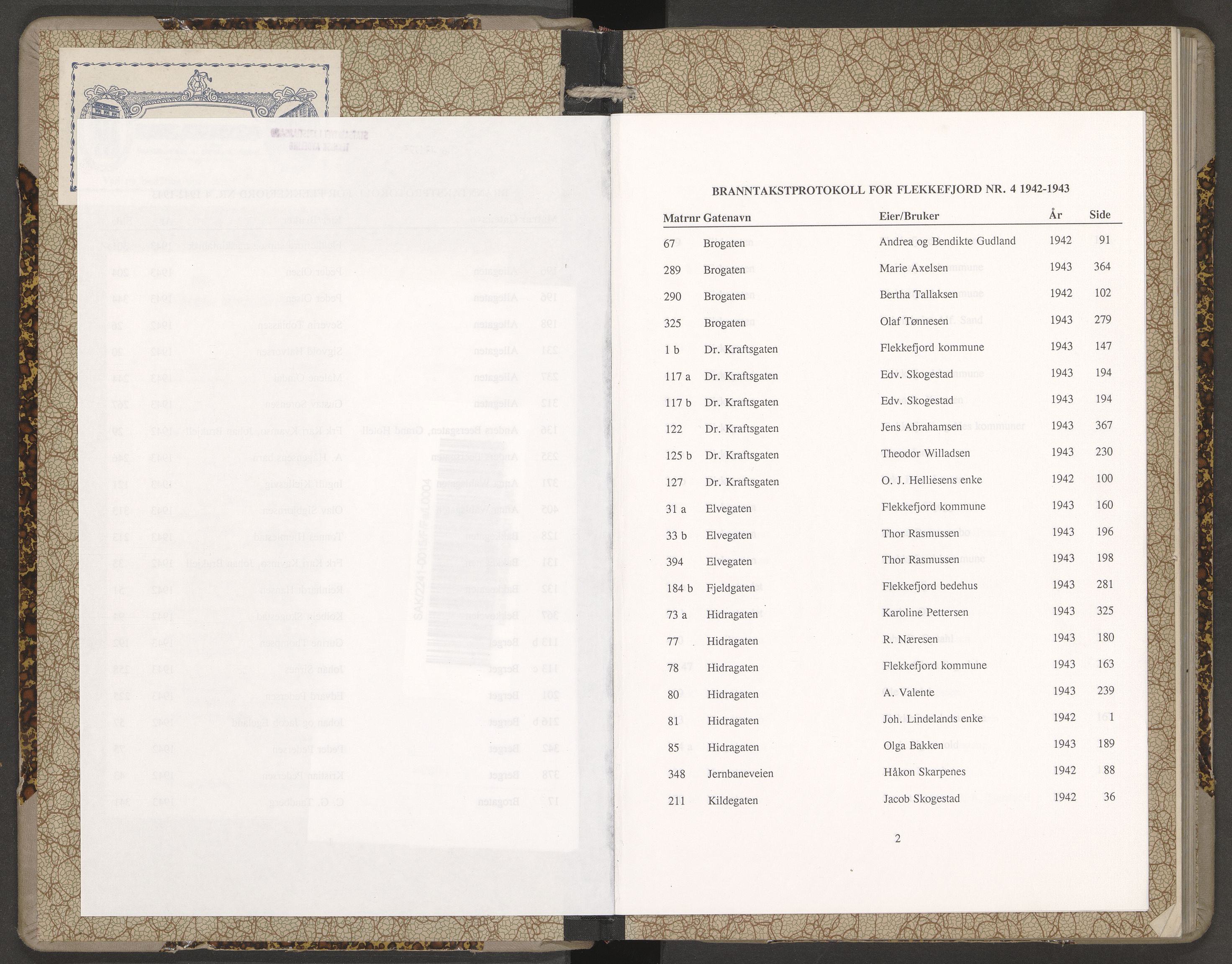 Norges Brannkasse Flekkefjord, AV/SAK-2241-0015/F/Fa/L0004: Branntakstprotokoll nr. 4 med gatenavnregister, 1942-1943