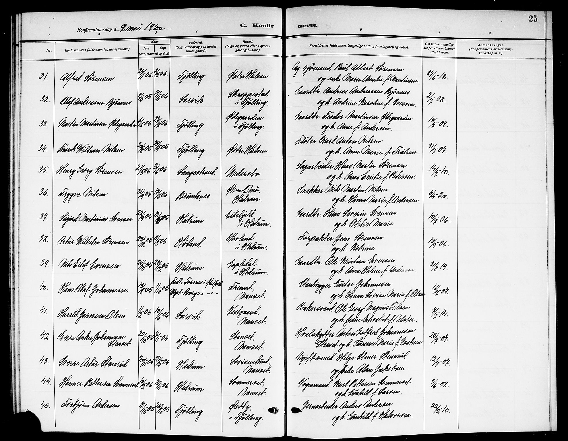 Larvik kirkebøker, AV/SAKO-A-352/G/Ga/L0009: Parish register (copy) no. I 9, 1918-1923, p. 25