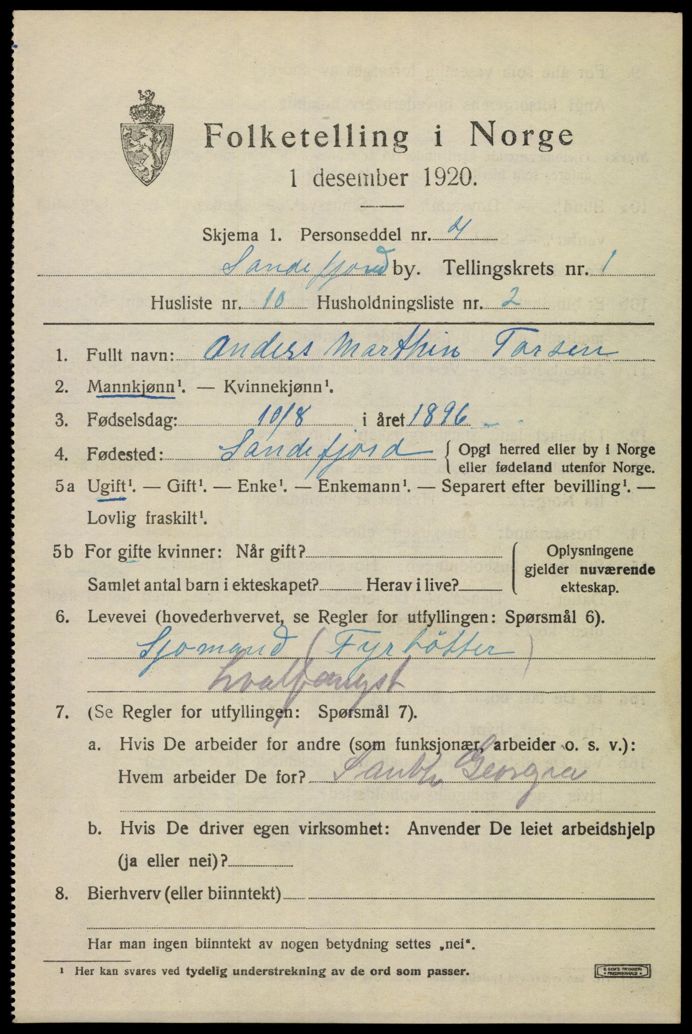 SAKO, 1920 census for Sandefjord, 1920, p. 4324