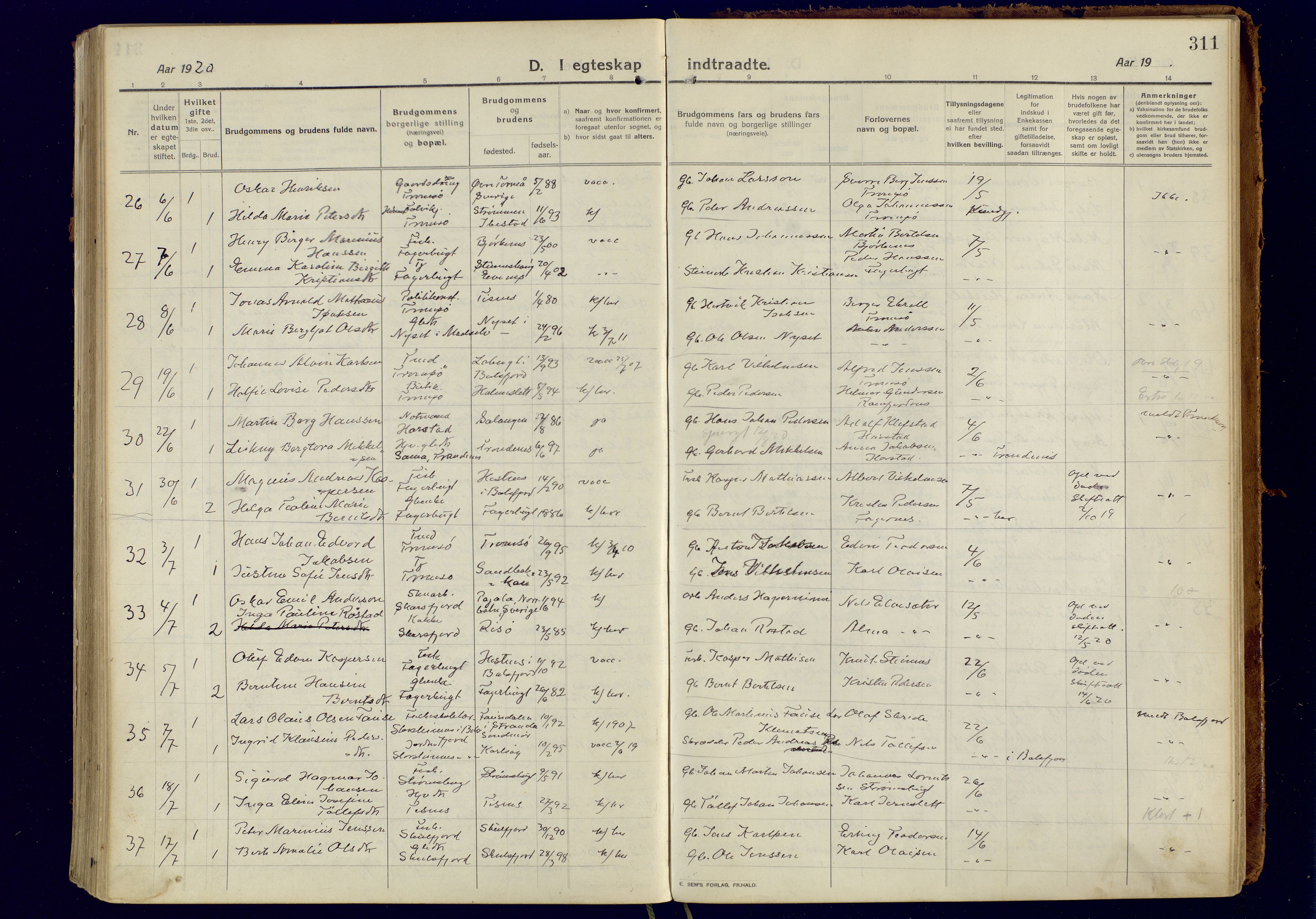 Tromsøysund sokneprestkontor, AV/SATØ-S-1304/G/Ga/L0008kirke: Parish register (official) no. 8, 1914-1922, p. 311