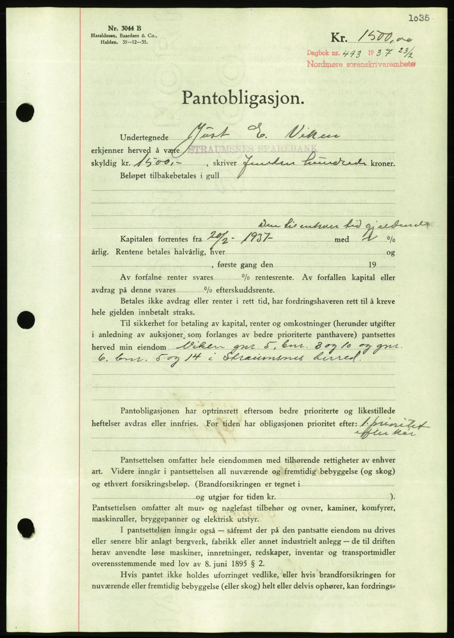 Nordmøre sorenskriveri, AV/SAT-A-4132/1/2/2Ca/L0090: Mortgage book no. B80, 1936-1937, Diary no: : 493/1937