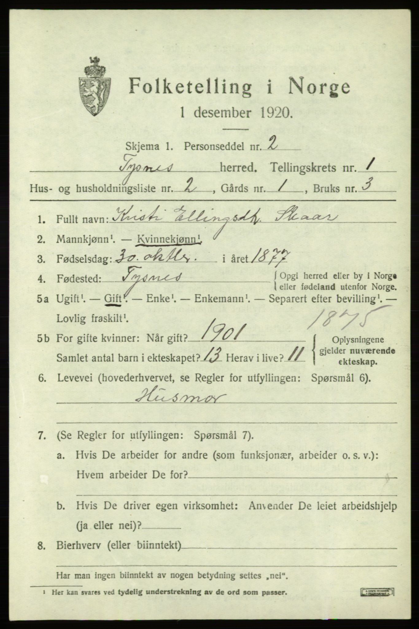 SAB, 1920 census for Tysnes, 1920, p. 1670