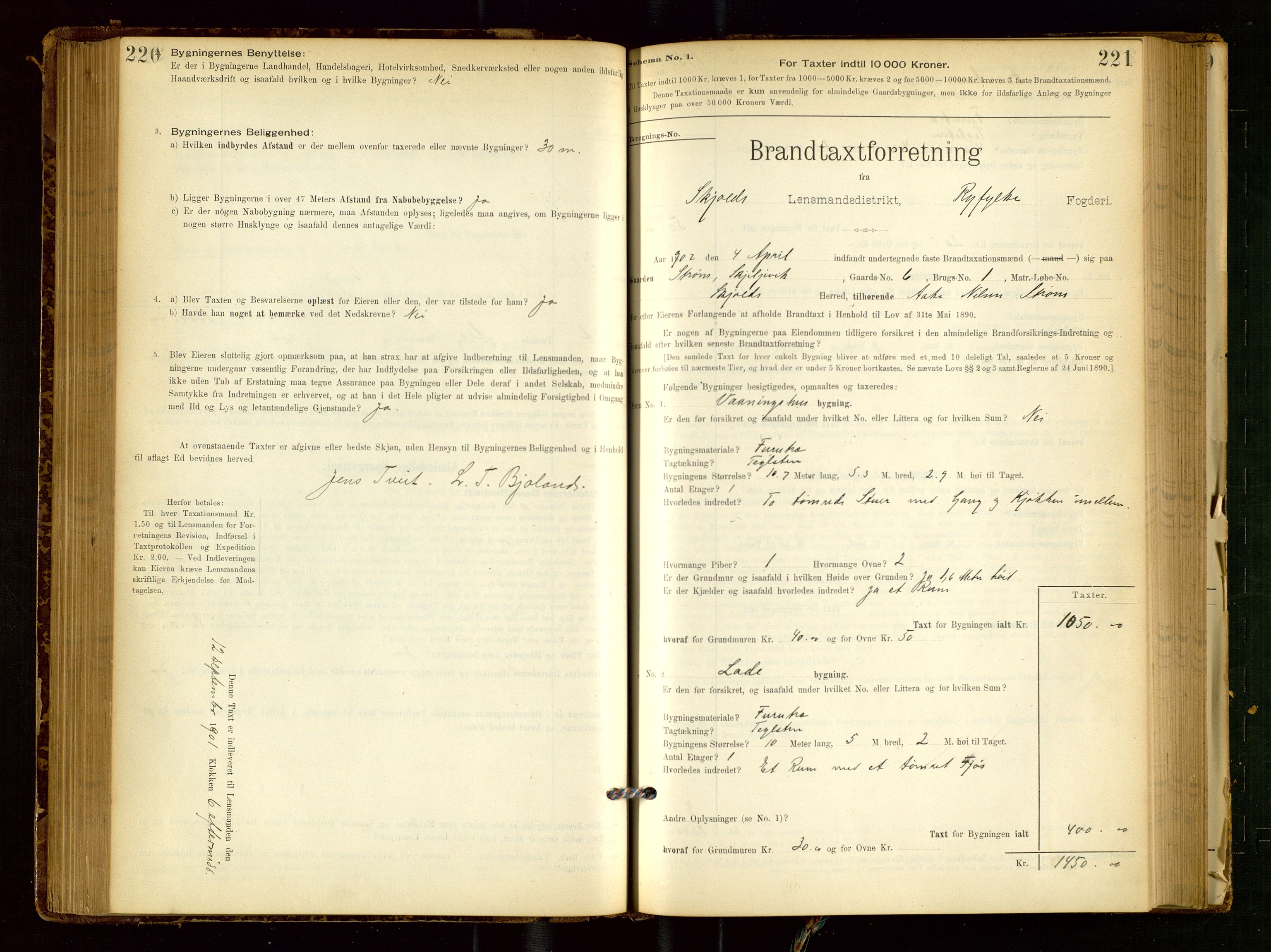 Skjold lensmannskontor, SAST/A-100182/Gob/L0001: "Brandtaxationsprotokol for Skjold Lensmandsdistrikt Ryfylke Fogderi", 1894-1939, p. 220-221