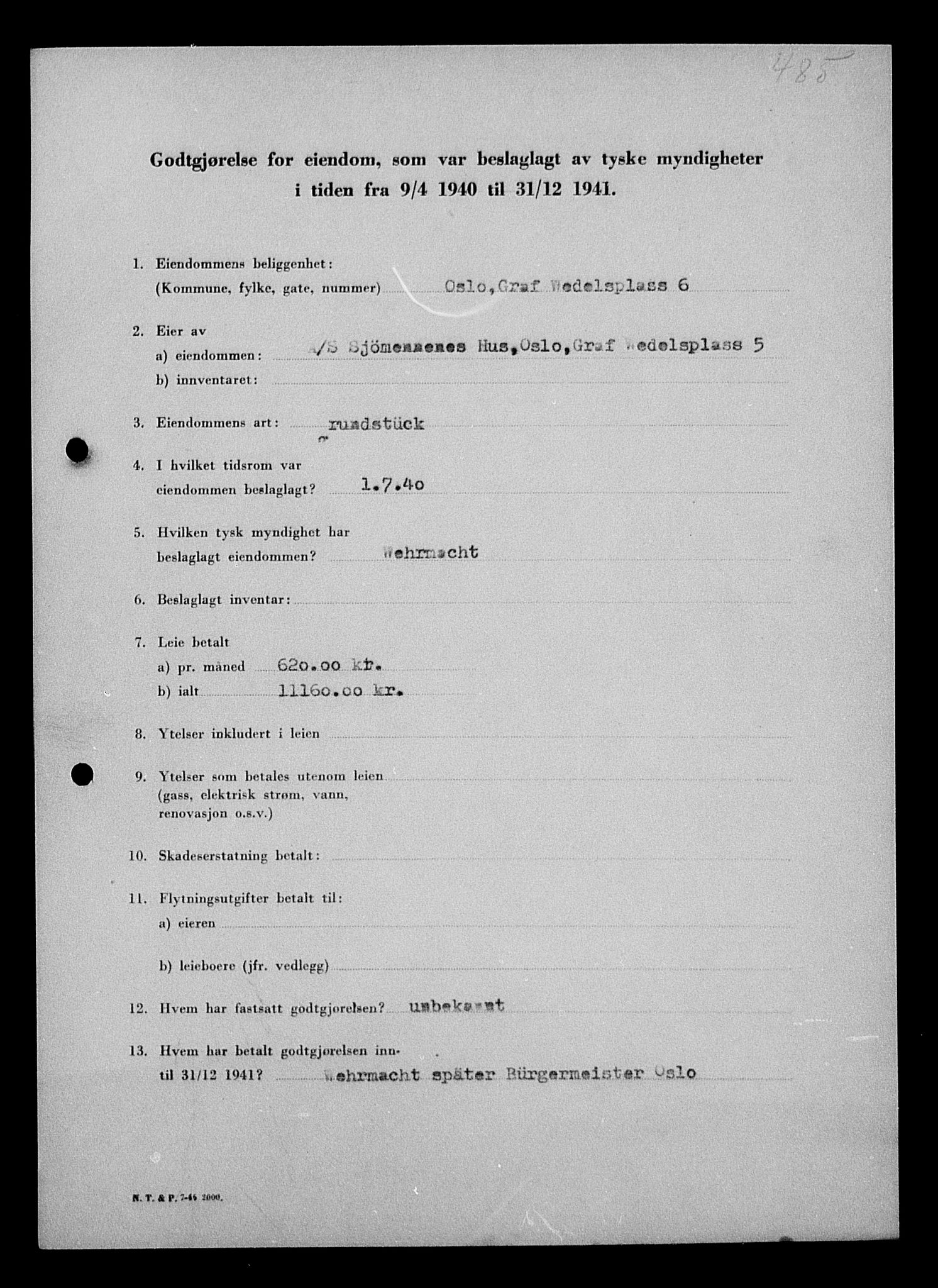 Justisdepartementet, Tilbakeføringskontoret for inndratte formuer, RA/S-1564/I/L1011: Godtgjørelse for beslaglagt eiendom, 1940-1941, p. 560