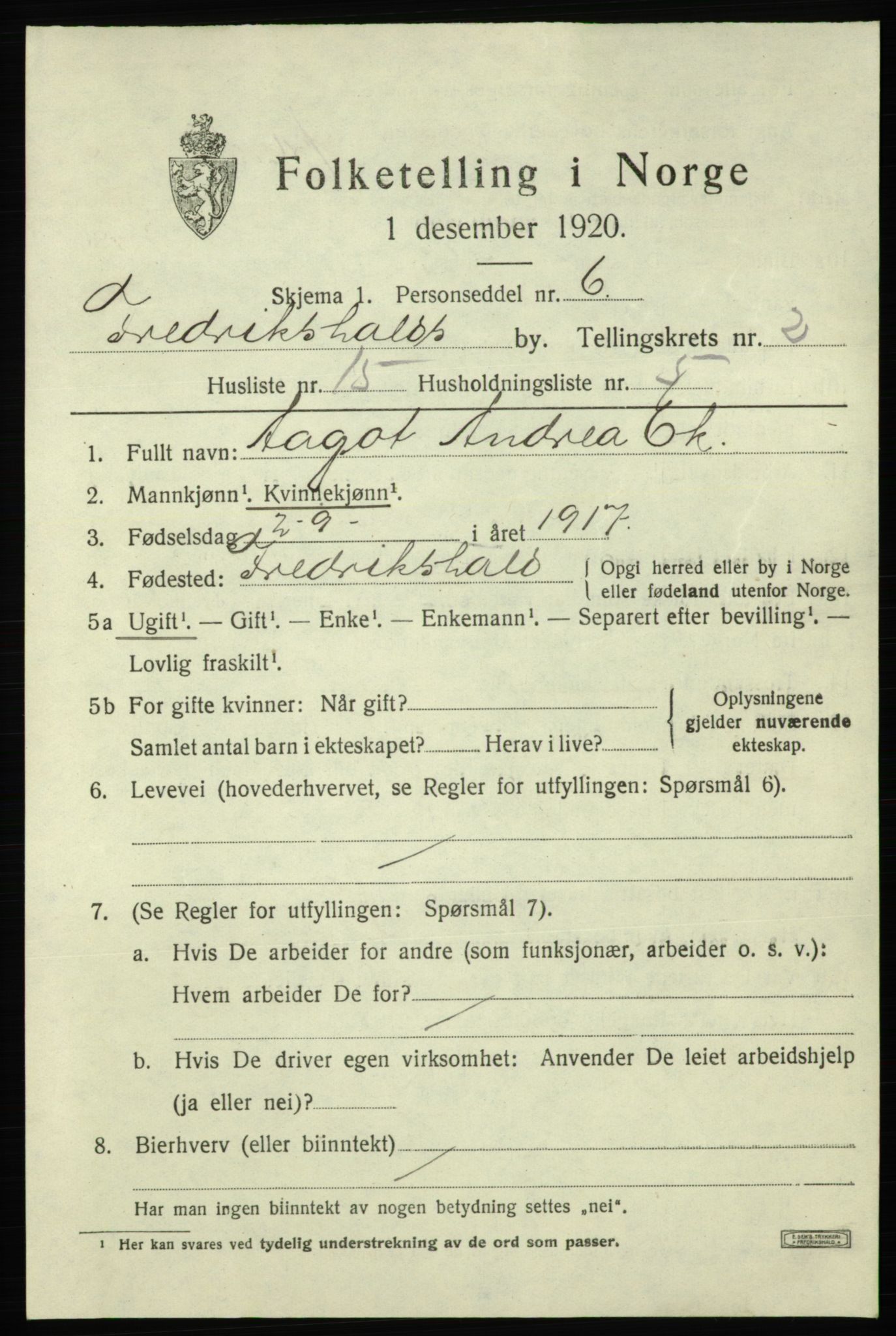 SAO, 1920 census for Fredrikshald, 1920, p. 9632