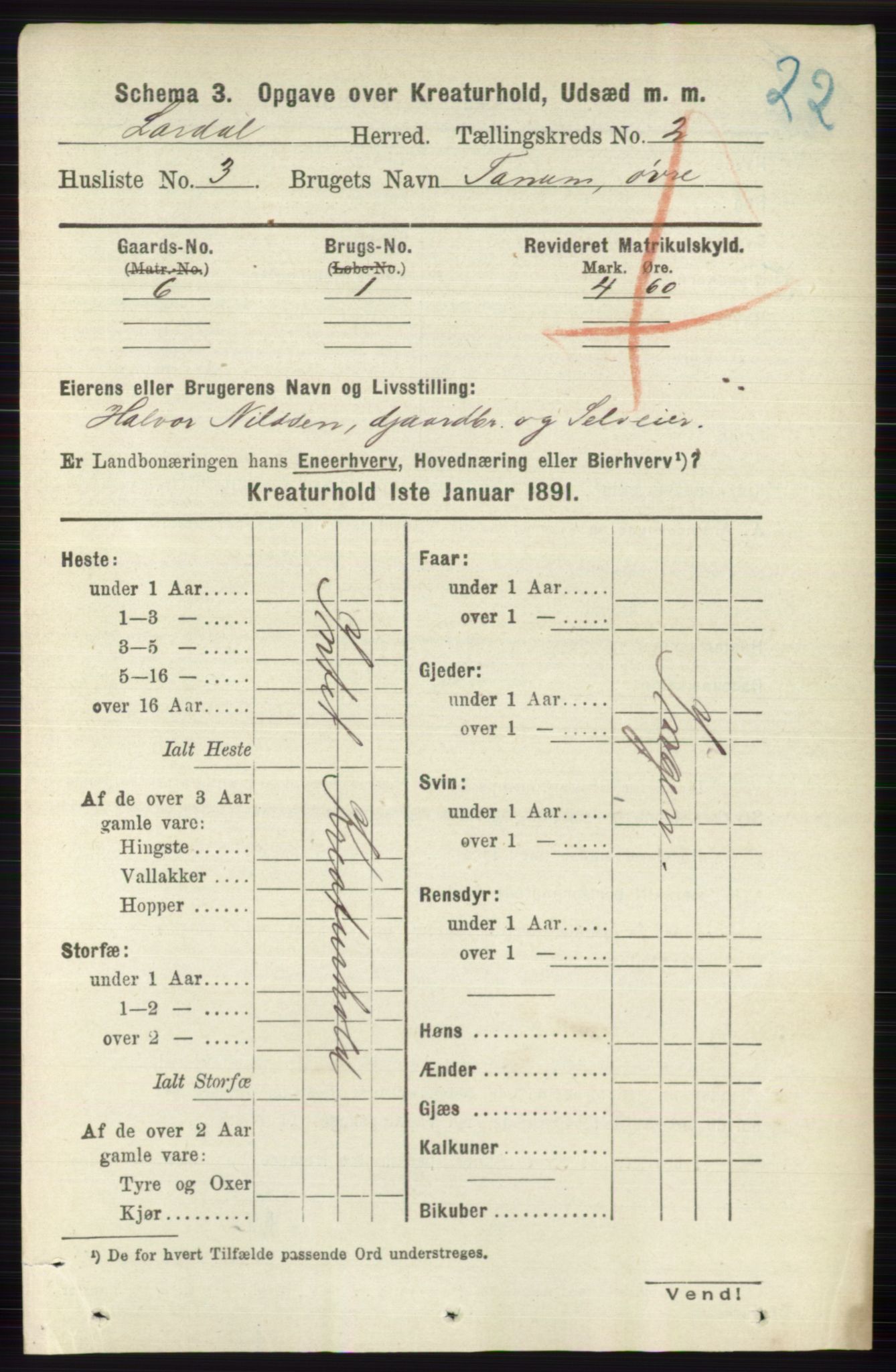 RA, 1891 census for 0728 Lardal, 1891, p. 3425