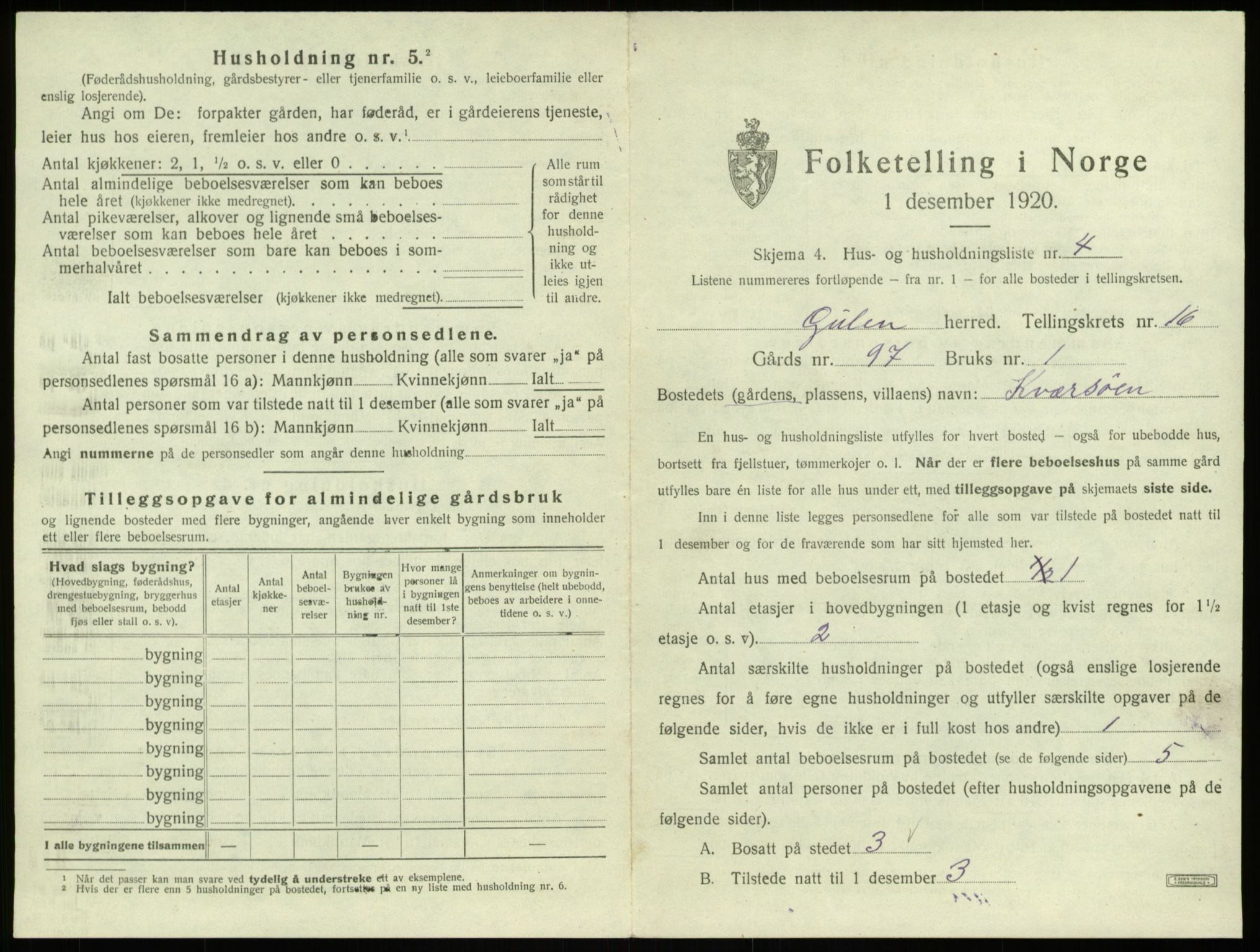 SAB, 1920 census for Gulen, 1920, p. 1043