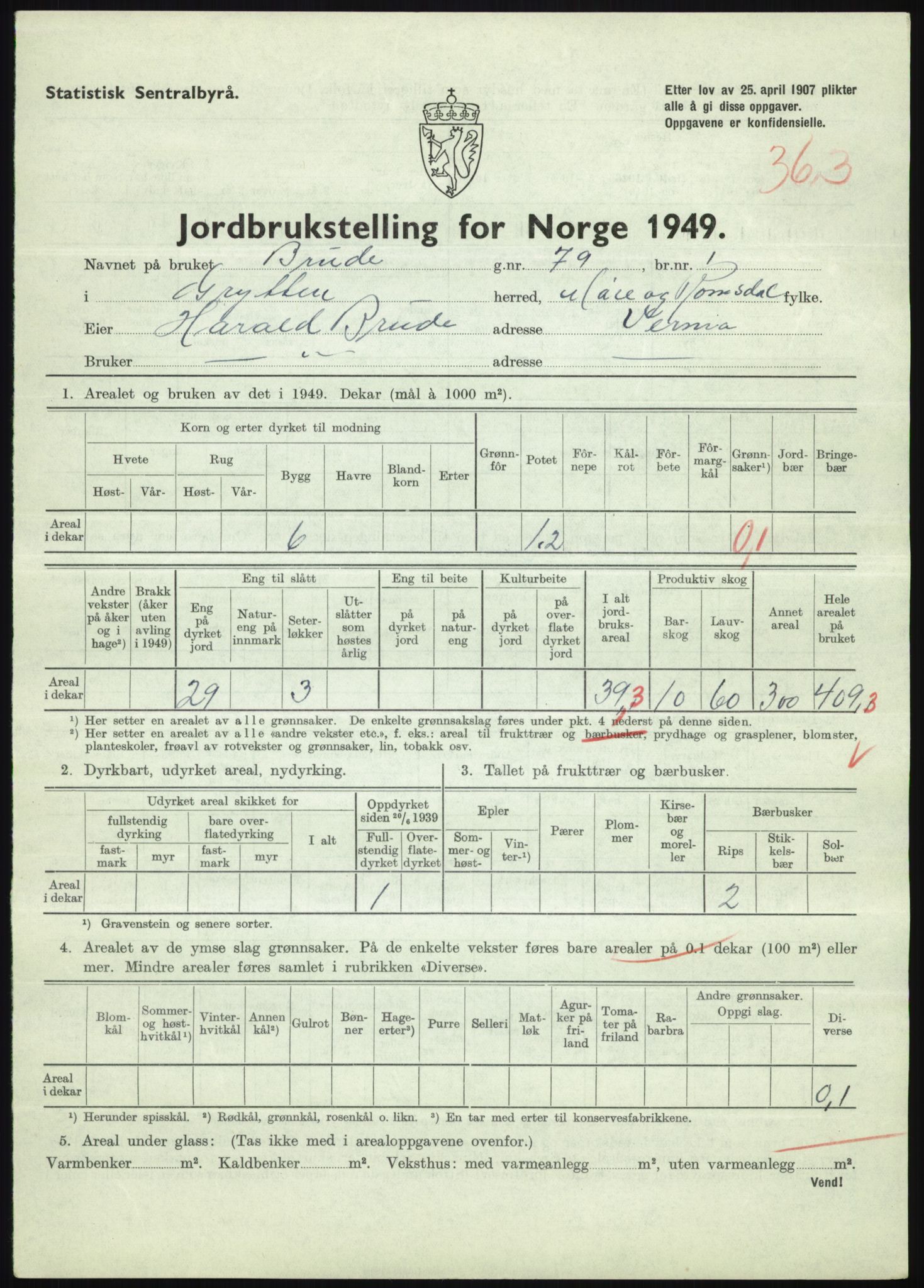 Statistisk sentralbyrå, Næringsøkonomiske emner, Jordbruk, skogbruk, jakt, fiske og fangst, AV/RA-S-2234/G/Gc/L0323: Møre og Romsdal: Grytten og Hen, 1949, p. 261