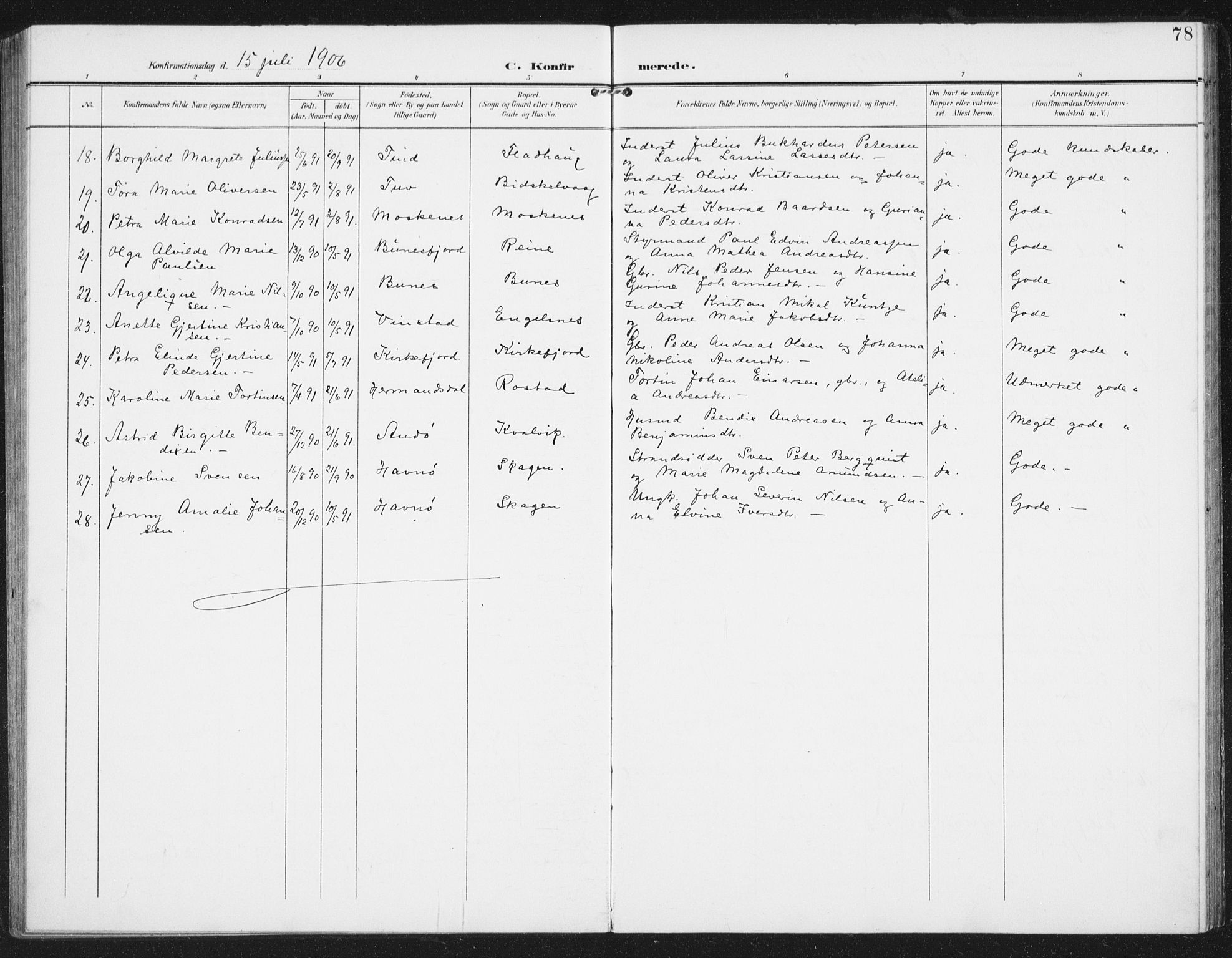 Ministerialprotokoller, klokkerbøker og fødselsregistre - Nordland, AV/SAT-A-1459/886/L1221: Parish register (official) no. 886A03, 1903-1913, p. 78