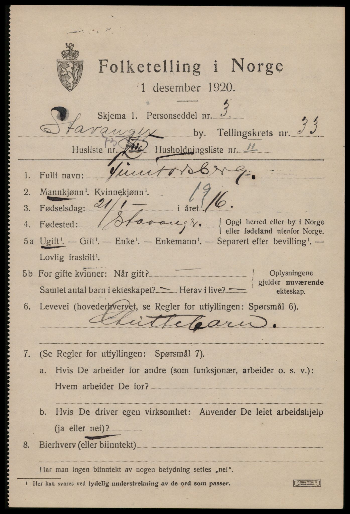 SAST, 1920 census for Stavanger, 1920, p. 91810