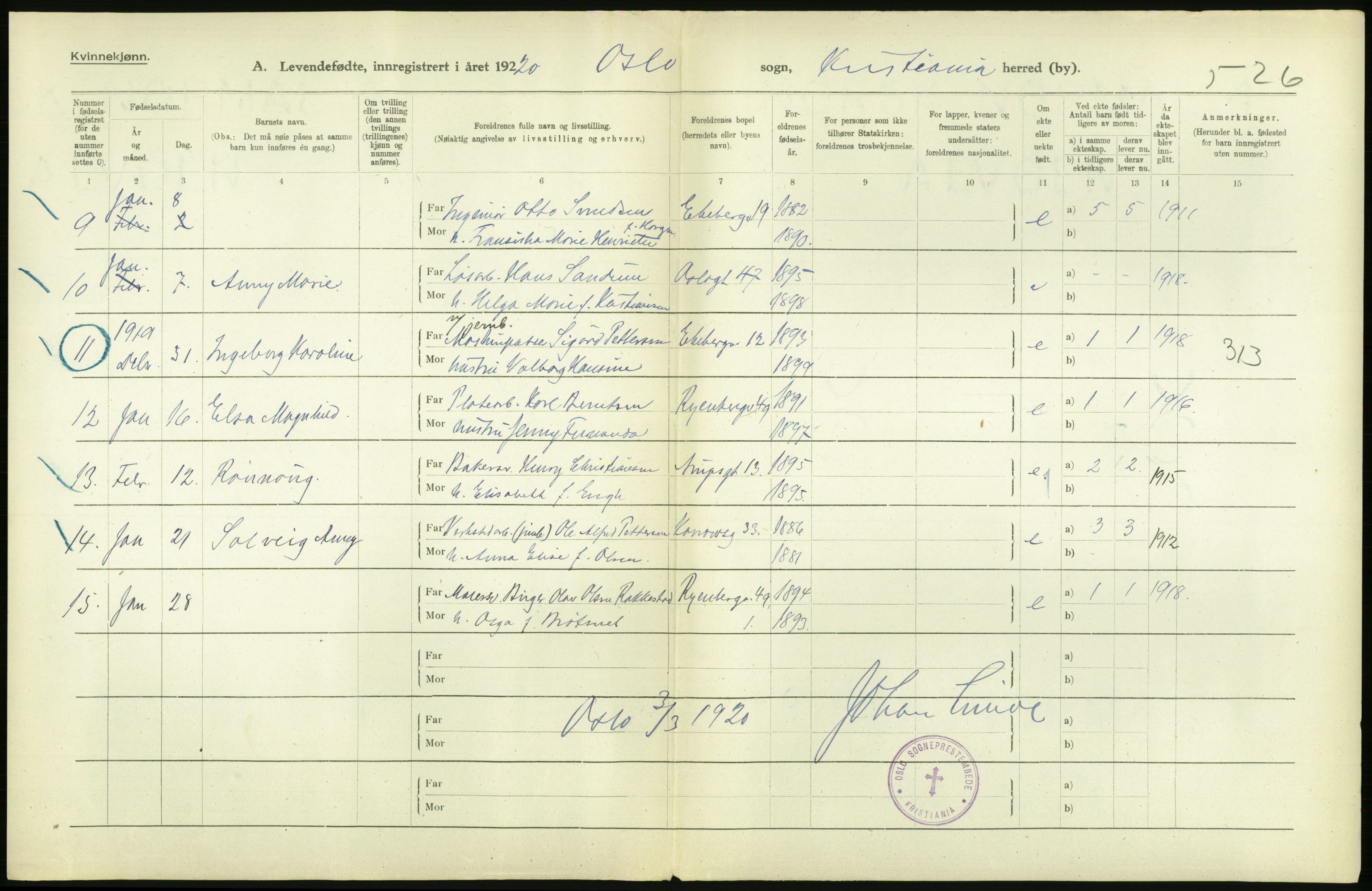 Statistisk sentralbyrå, Sosiodemografiske emner, Befolkning, RA/S-2228/D/Df/Dfb/Dfbj/L0008: Kristiania: Levendefødte menn og kvinner., 1920, p. 28