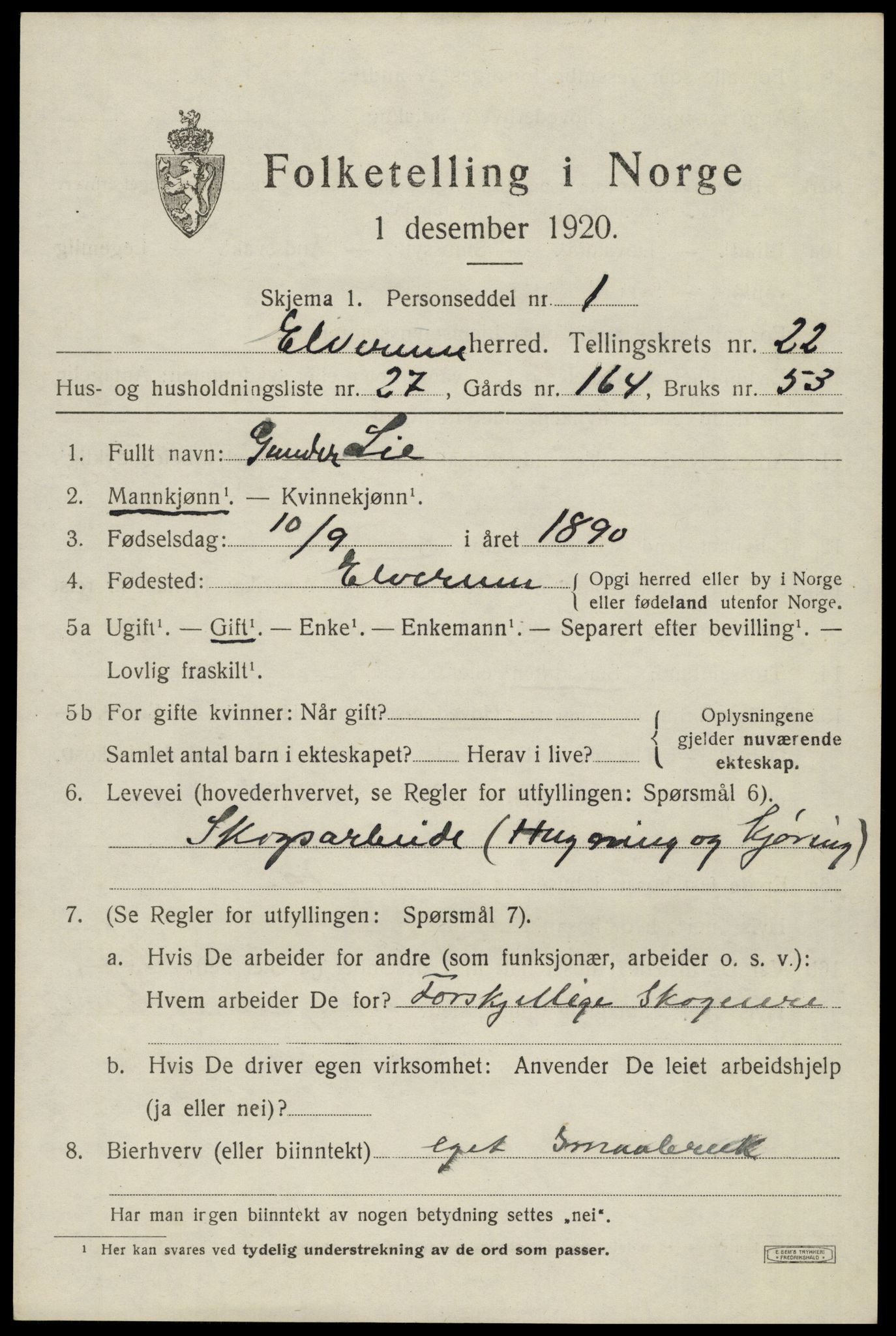 SAH, 1920 census for Elverum, 1920, p. 24928