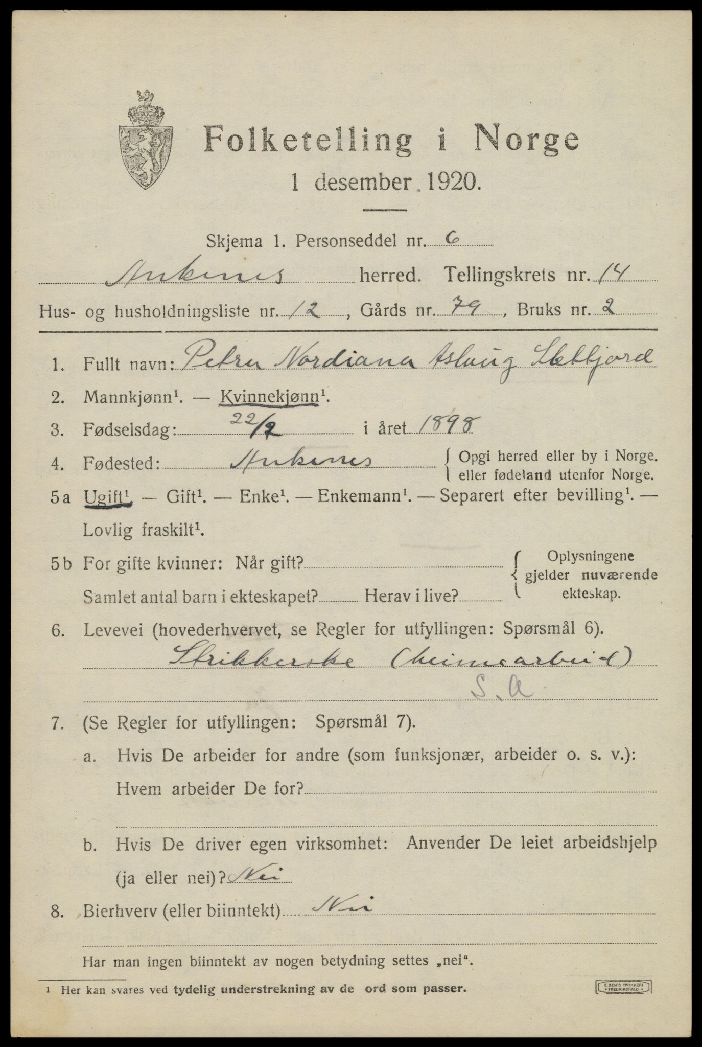 SAT, 1920 census for Ankenes, 1920, p. 7007