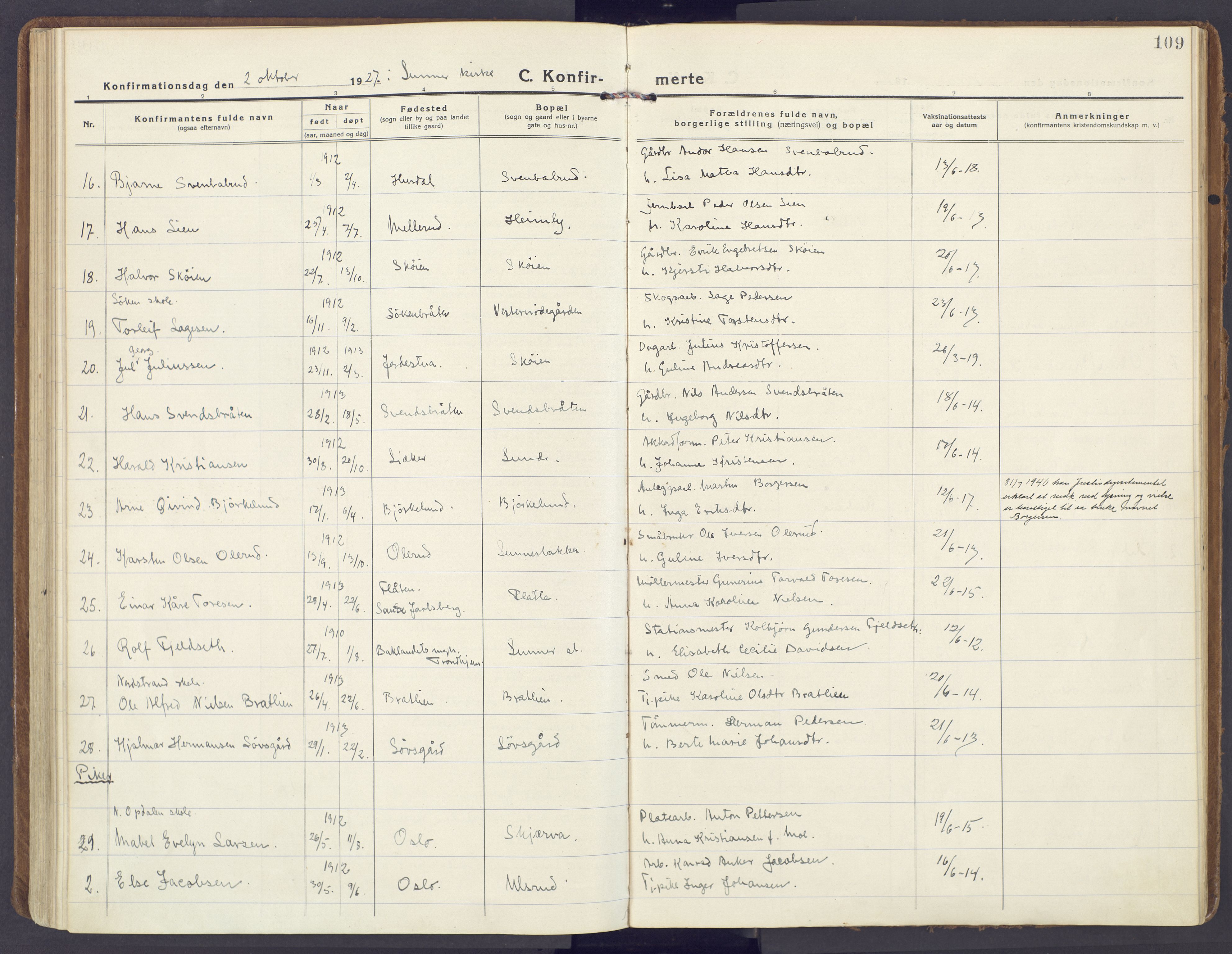 Lunner prestekontor, SAH/PREST-118/H/Ha/Haa/L0002: Parish register (official) no. 2, 1922-1931, p. 109