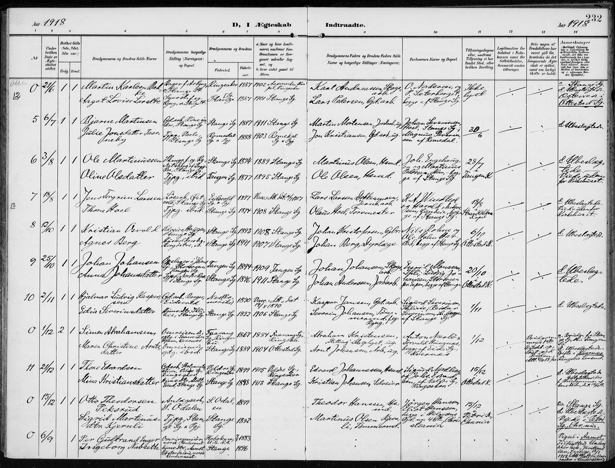 Stange prestekontor, SAH/PREST-002/K/L0024: Parish register (official) no. 24, 1906-1922, p. 232