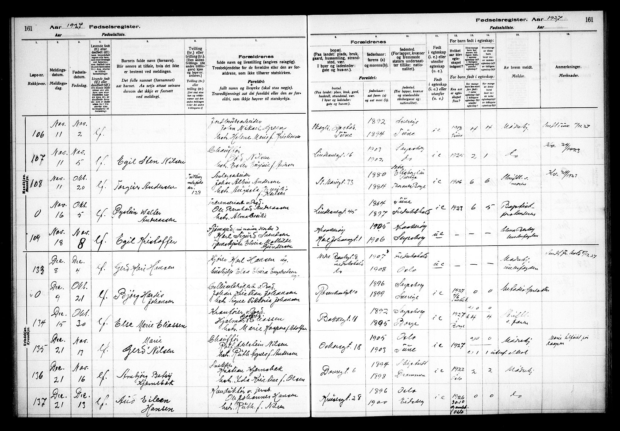 Sarpsborg prestekontor Kirkebøker, AV/SAO-A-2006/J/Ja/L0002: Birth register no. 2, 1922-1928, p. 161