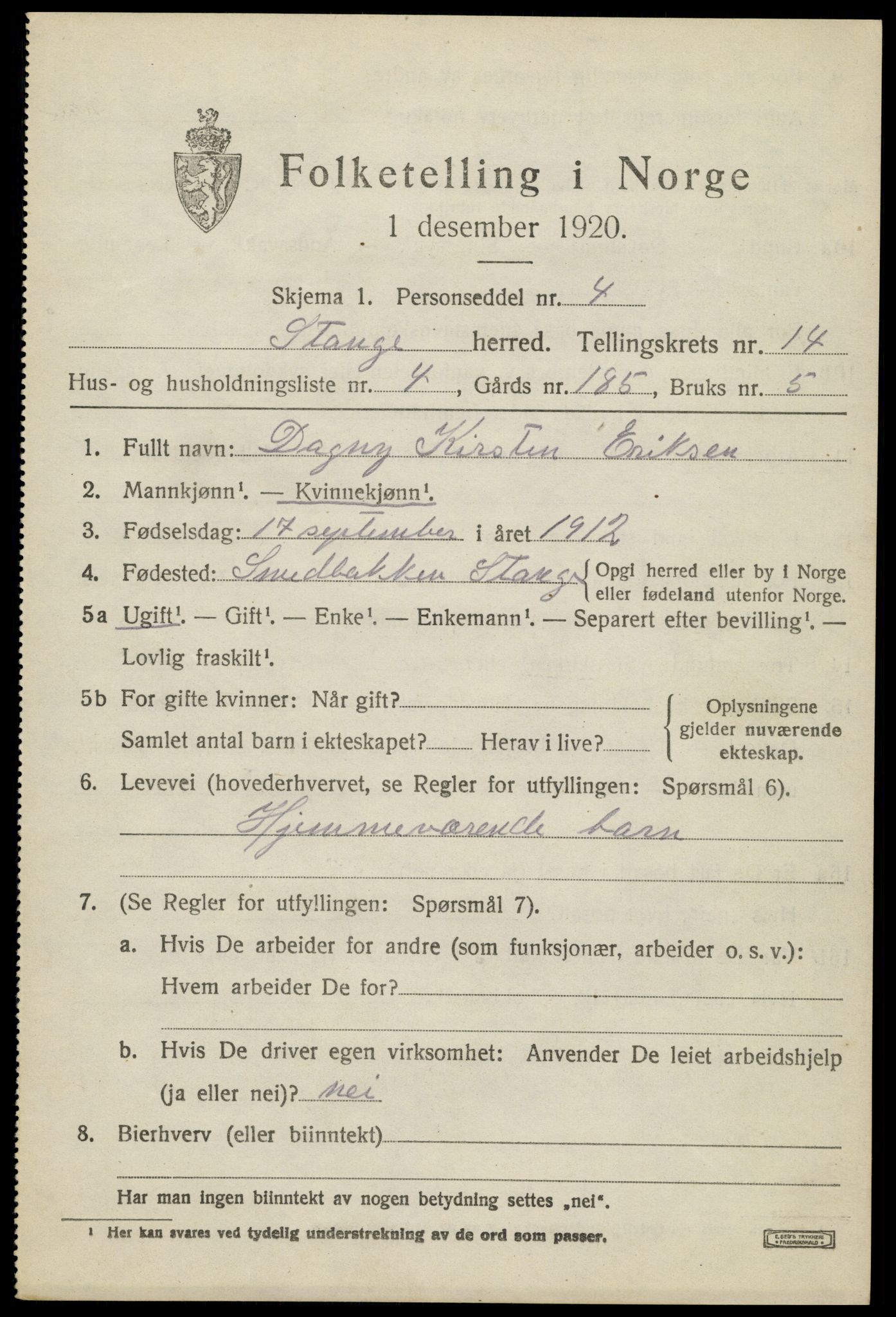 SAH, 1920 census for Stange, 1920, p. 19791