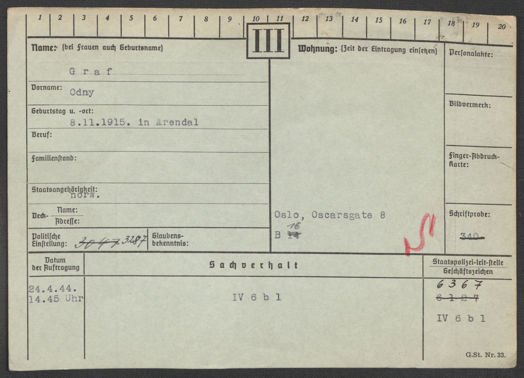 Befehlshaber der Sicherheitspolizei und des SD, RA/RAFA-5969/E/Ea/Eaa/L0003: Register over norske fanger i Møllergata 19: Eng-Hag, 1940-1945, p. 913
