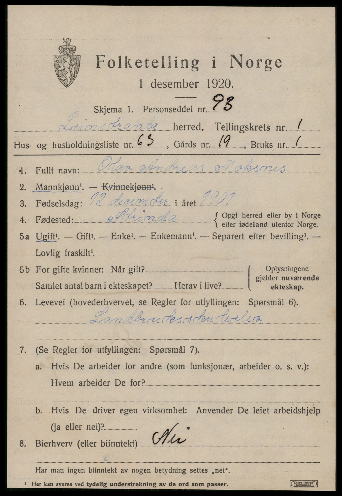 SAT, 1920 census for Leinstrand, 1920, p. 1551