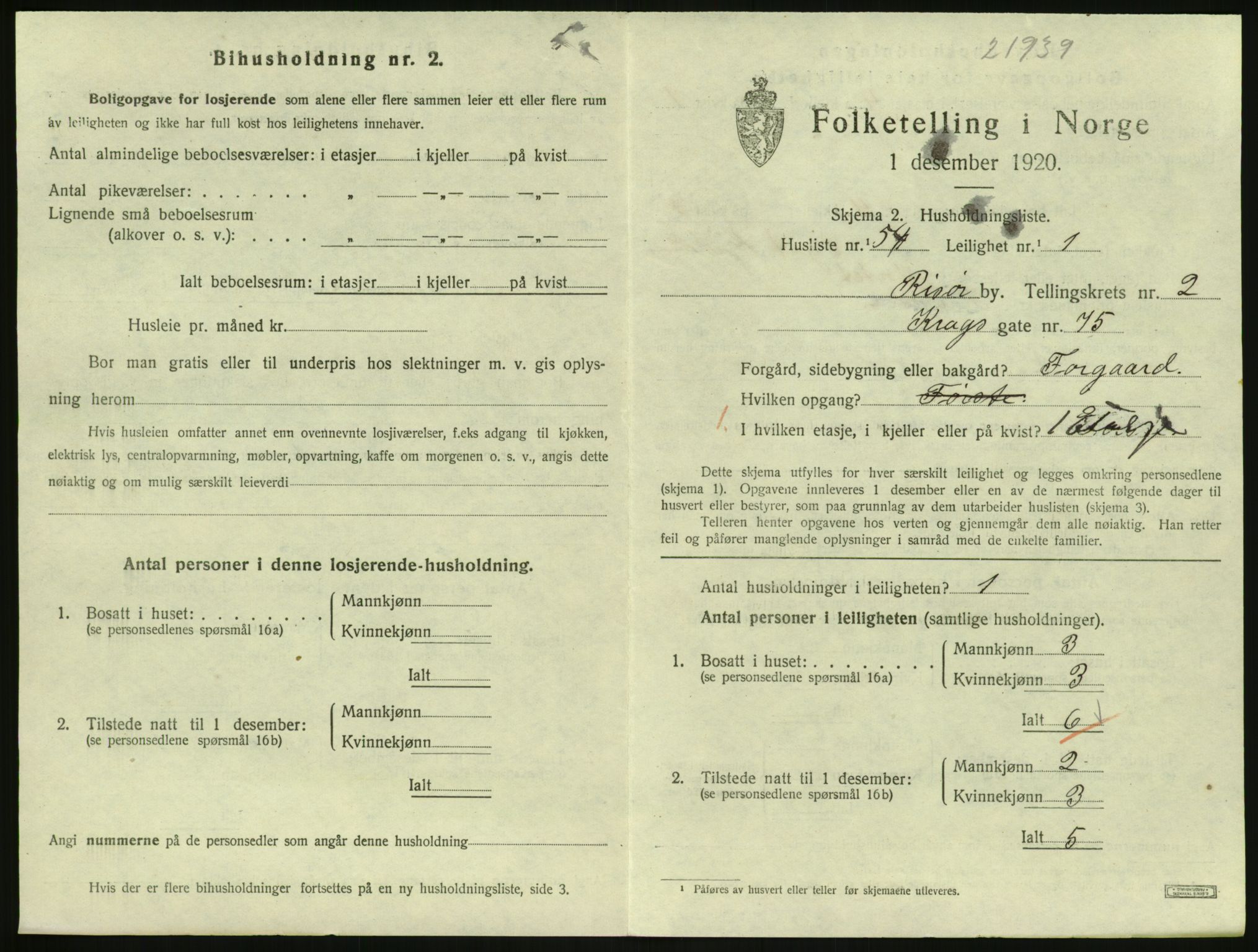 SAK, 1920 census for Risør, 1920, p. 2111